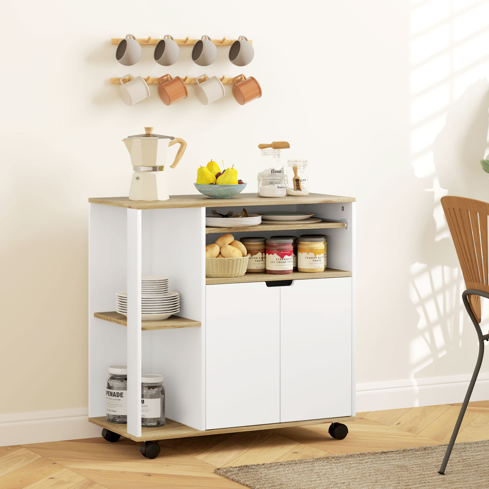 Rollender Küchenwagen mit Stauraum, Schrank, verstellbare Regale, für Küche, Wohnzimmer, Esszimmer, Weiß