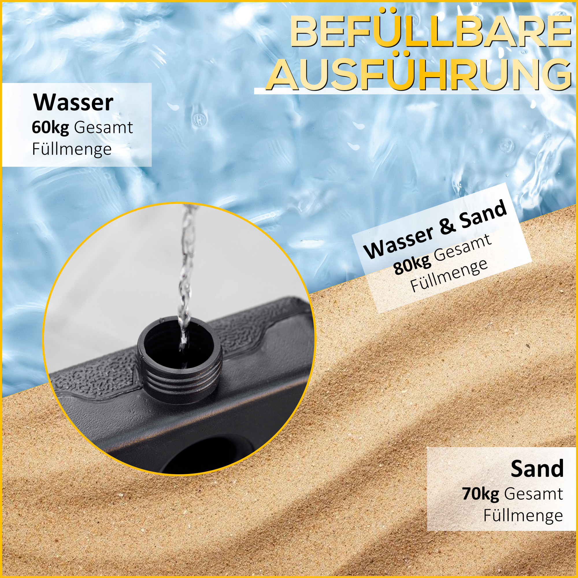 Sonnenschirmständer 4-teilig Schirmgewicht, Schirmständer für Ampelschirm Sand/Wasser bis 60/70 kg
