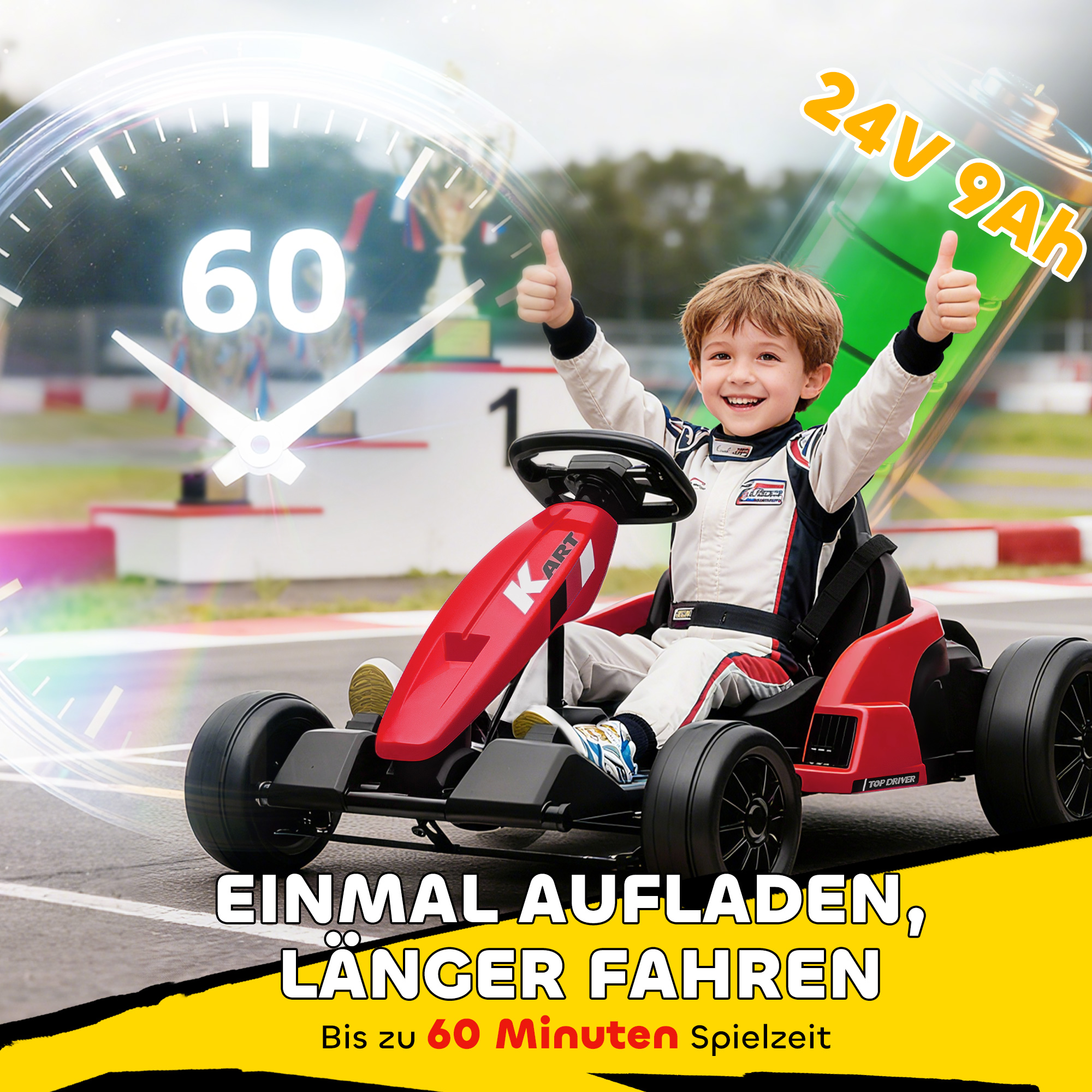 24V Elektrisches Go-Kart, Drift-Modus, verstellbarer Sitz, 5-Punkt-Sicherheitsgurt, Musikfunktion, 6-12 Jahre Rot