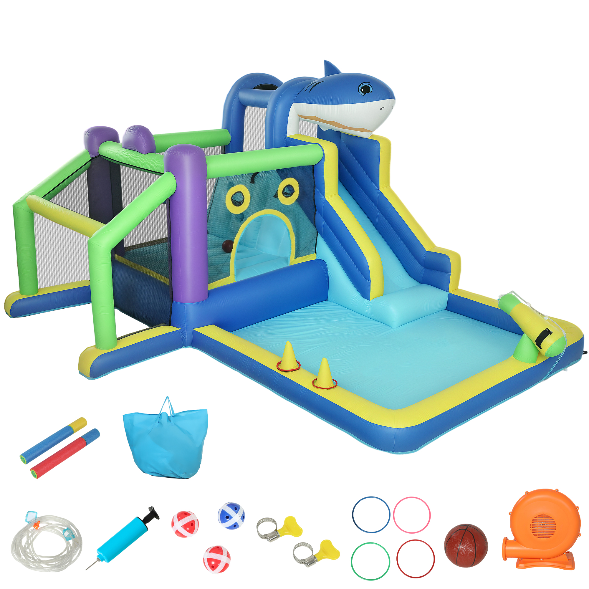 8-in-1 Hüpfburg mit Hai-Design Gebläse, Rutsche, Planschbecken Trampolin für 3-8 Jahre 405x345x235cm, mehrfarbig