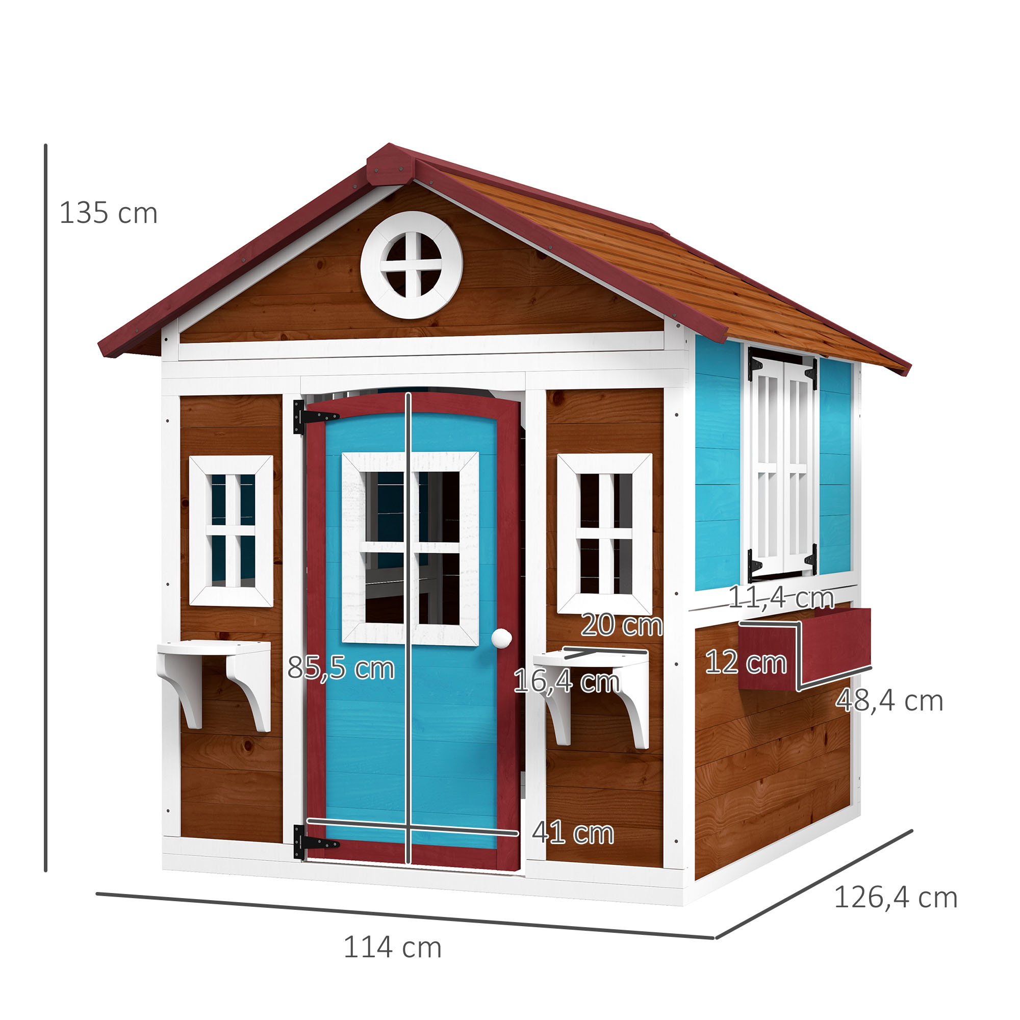Kinderspielhaus, Holz-Spielhaus für Kinder, Outdoor-Gartenspielhaus mit Fenstern, Blumentöpfe, 3-8 Jahre, Blau
