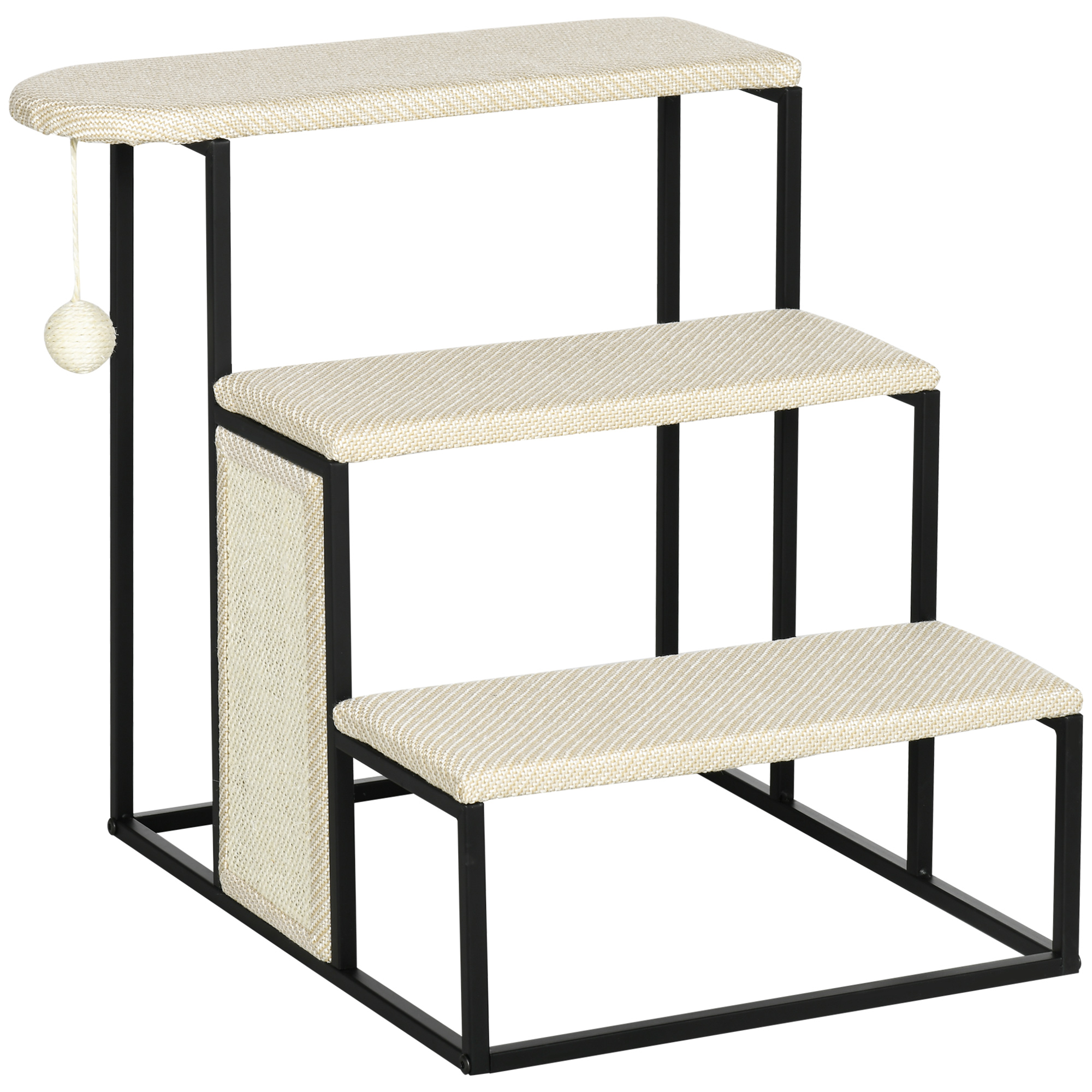 Katzentreppe, mit Kratzbrett, 3 Stufen, Spielball, robust, Stahl+Sisal, cremeweiß+schwarz, 51 x 54 x 53cm Katzentreppe, mit Kratzbrett, 3 Stufen, Spielball, robust, Stahl+Sisal, cremeweiß+schwarz, 51 x 54 x 53cm