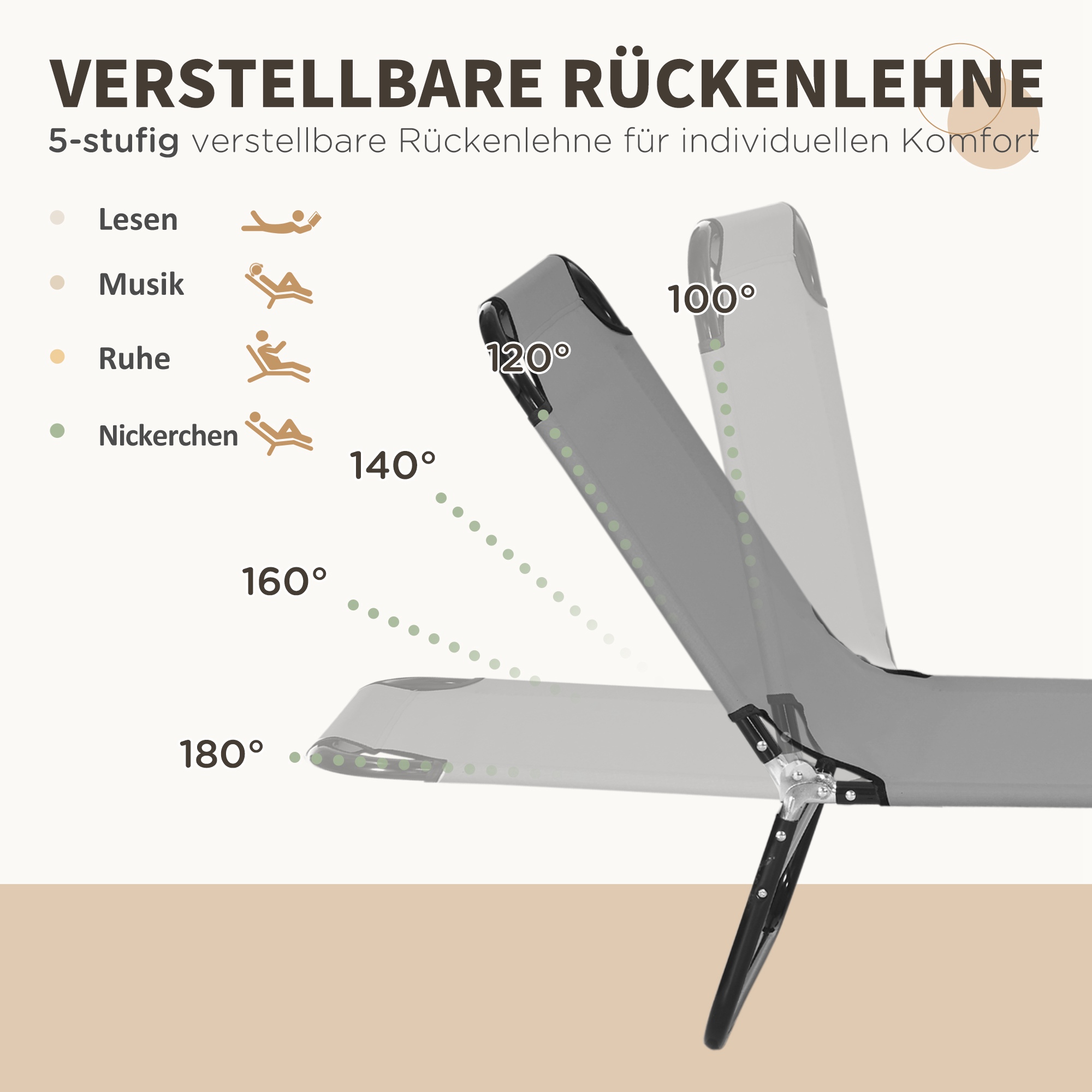 2er Set Sonnenliege klappbar Gartenliege mit 5-Fach höhenverstellbarer Rückenlehne bis 120kg belastbar