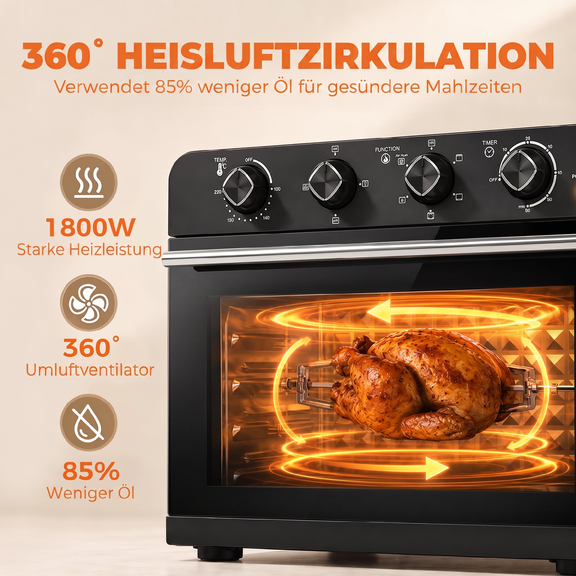 Heißluftfritteusen-Backofen mit Umluft und Drehspieß-Set, Temperaturregler, Timer, 1800 W