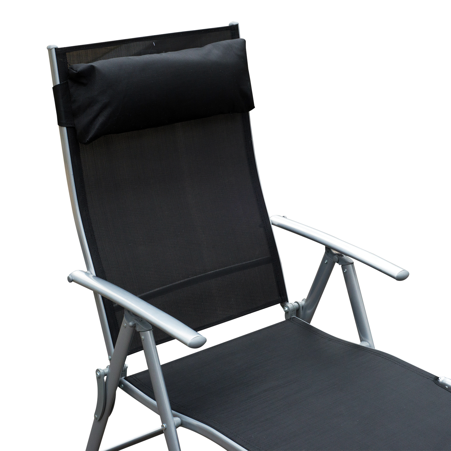 Sonnenliege klappbar Strandliege mit Kissen Liegestuhl mit 7-Fach verstellbare Rückenlehne Gartenliege Relaxliege Gartenstuhl bis 165 kg belastbar, für Garten Urlaub Outdoor, Schwarz