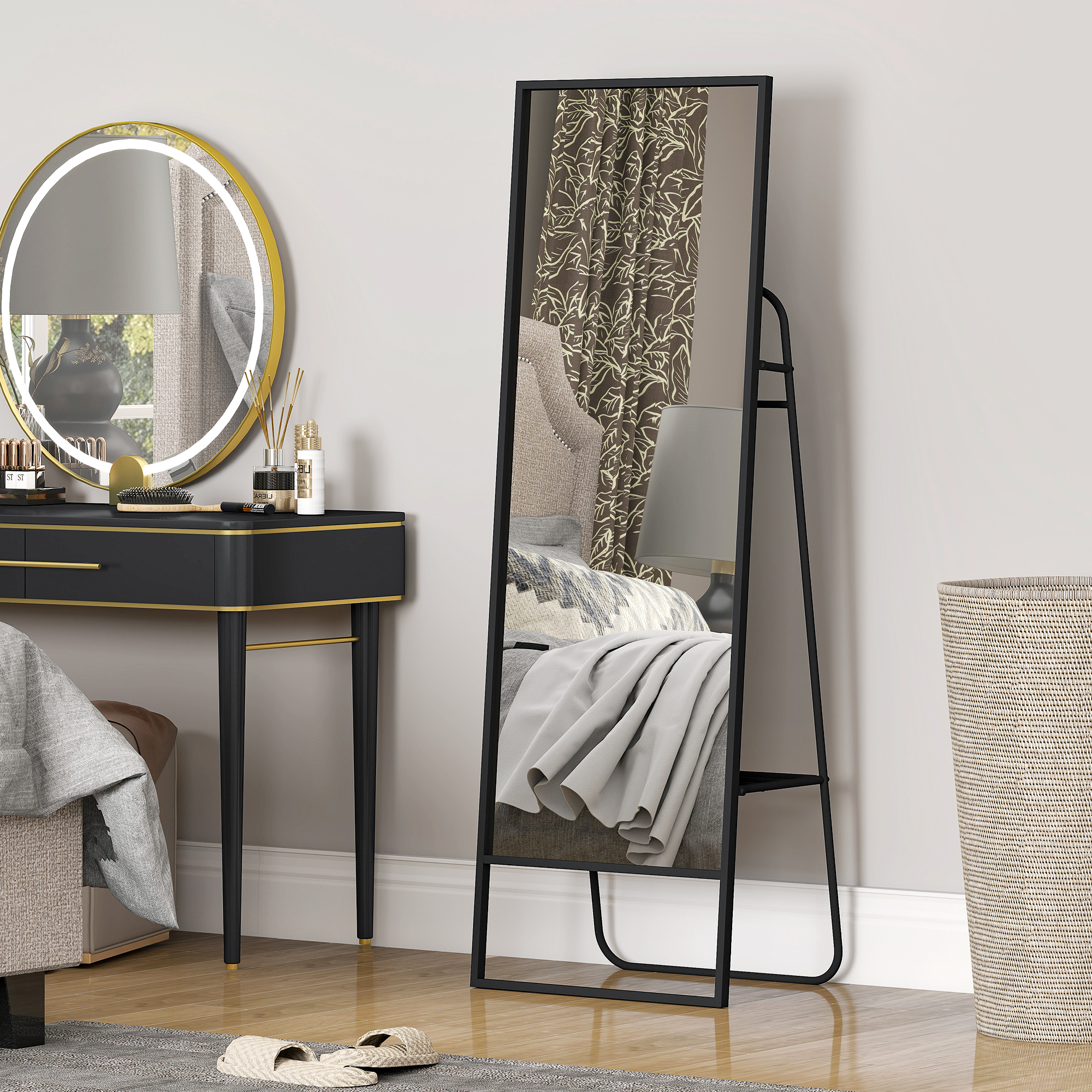 Ganzkörperspiegel, industrielles Design, hinteres Regal, 2 Haken, Metallrahmen, für Schlafzimmer, 157 x 50 cm, Schwarz
