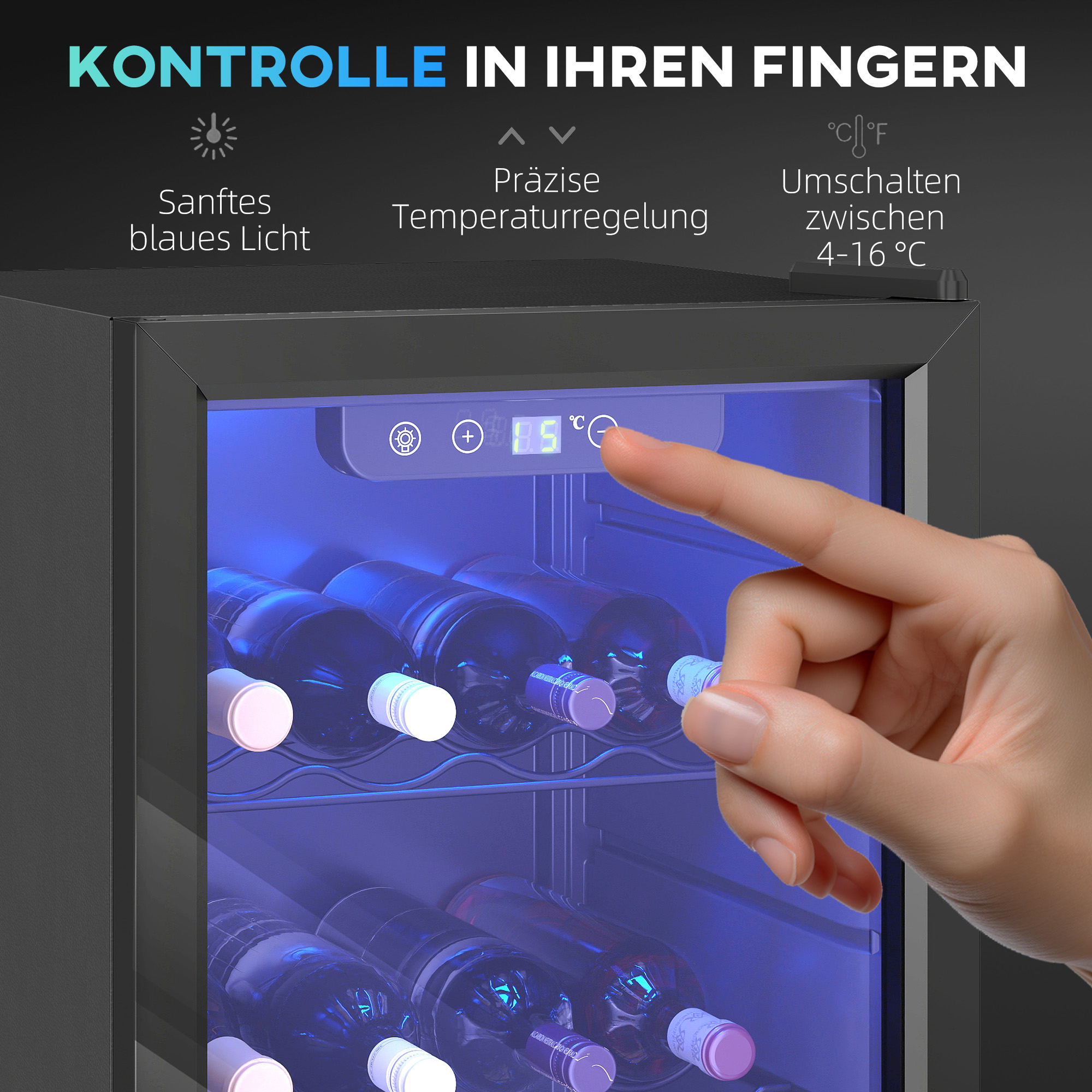 Weinkühlschrank 24 Flaschen, 68 Liter Kapazität, 4–16 °C Standgerät für Getränke, Bier und Wein mit Glas-Tür, Schwarz