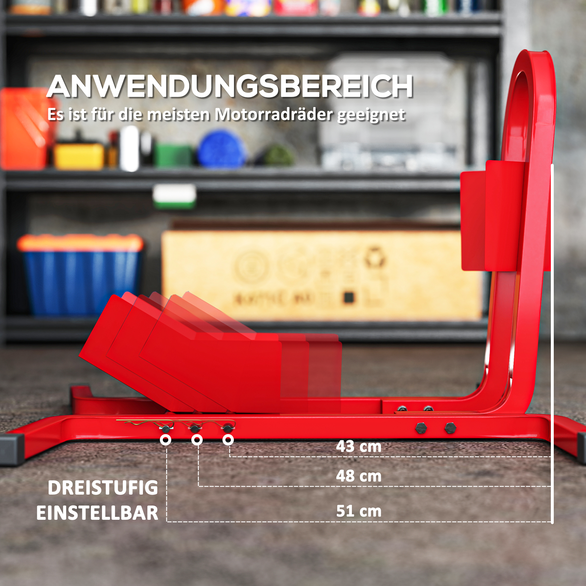 Motorradständer für 17-21", 430-530 mm Vorderrad, einstellbar, aus Metall Rot