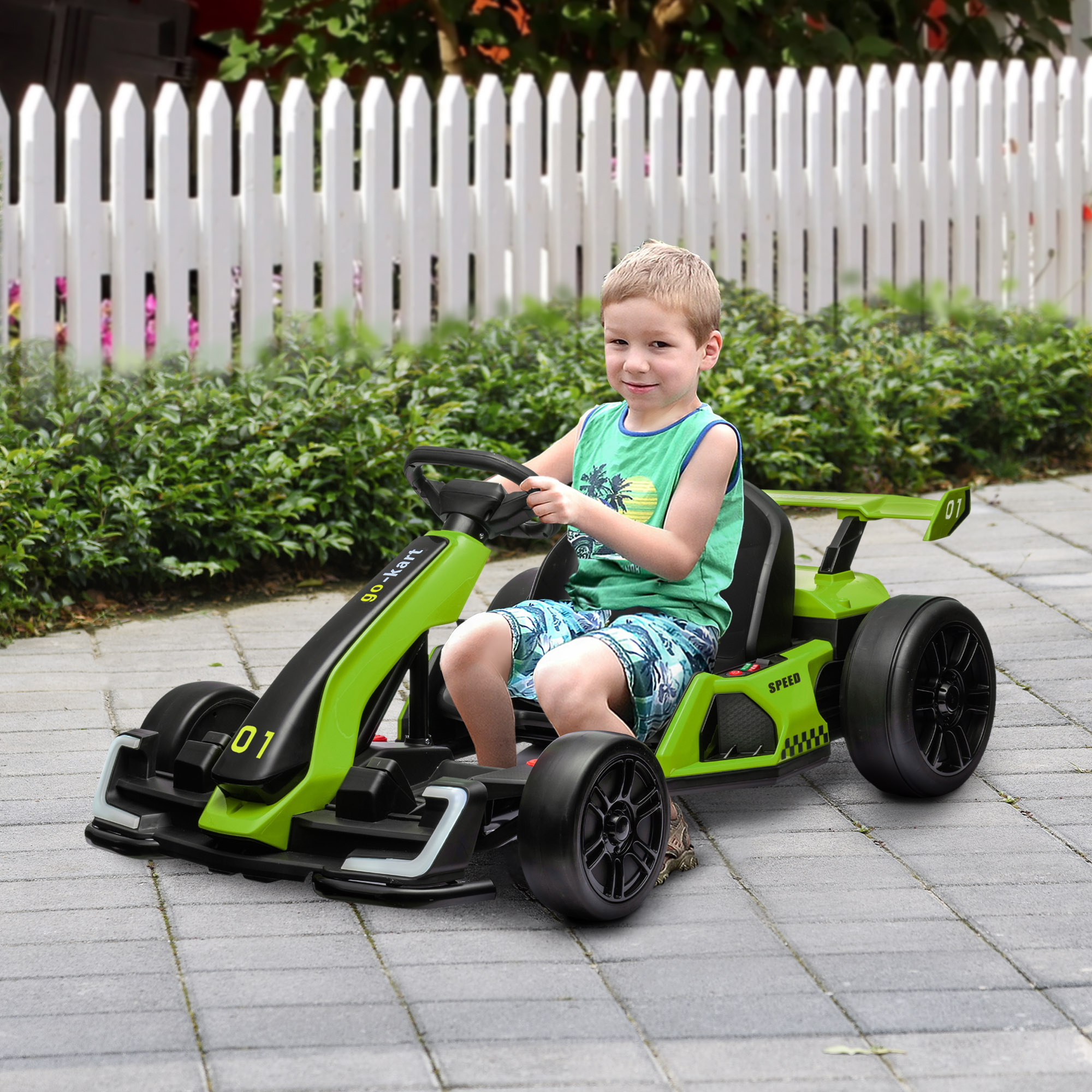 24V Elektro Go-Kart, für Kinder, bis 12 Km/h Gokart mit Drift-Funktion, 2 Motoren, verstellbarer Sitz, Sanftanlauf, grün
