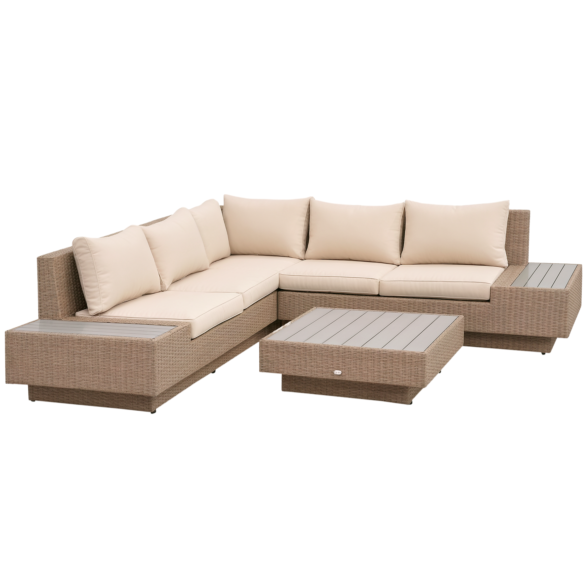 4-tlg, Luxus Polyrattan Gartengarnitur Gartenmöbel Garten-Set Sitzgruppe Loungeset Loungemöbel inkl, Ablagen und Beistelltisch Sitzkissen Braun