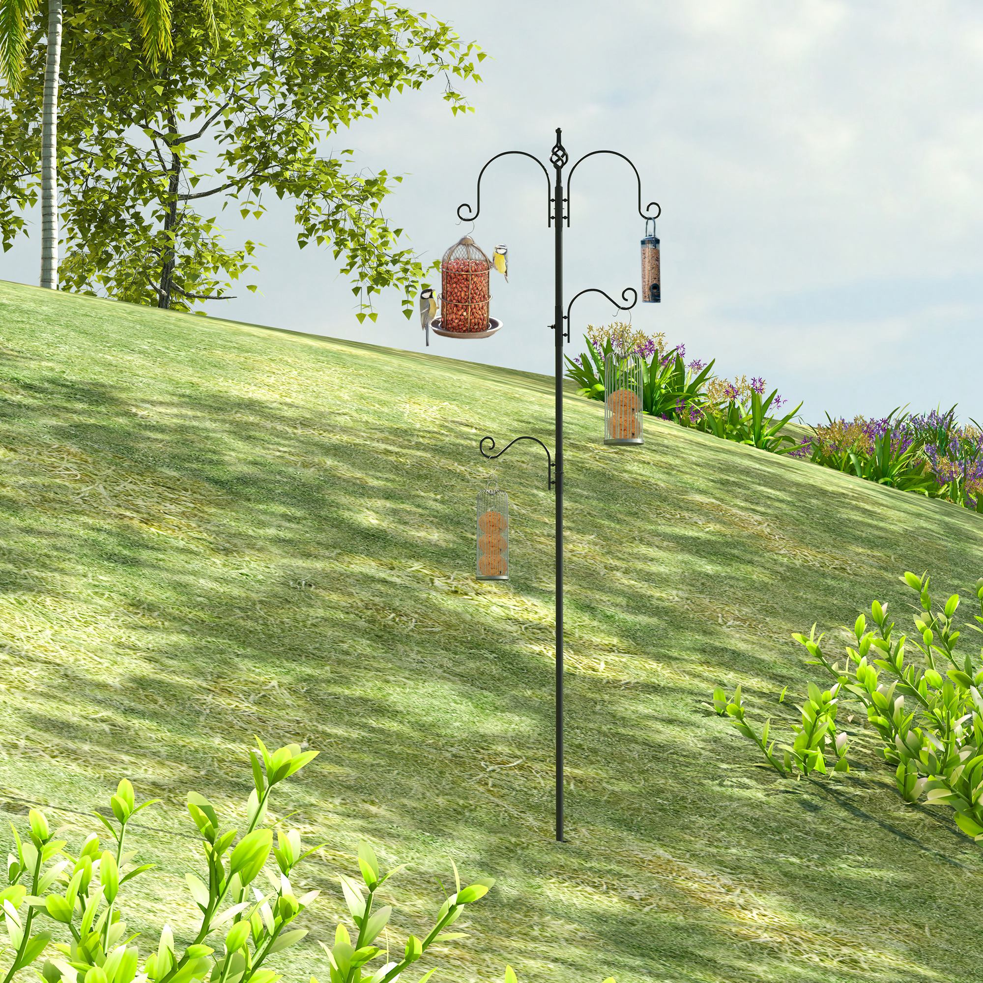 Vogelfutterstation, Outdoor-Futterspender, 4 Haken, Stahl, Schwarz