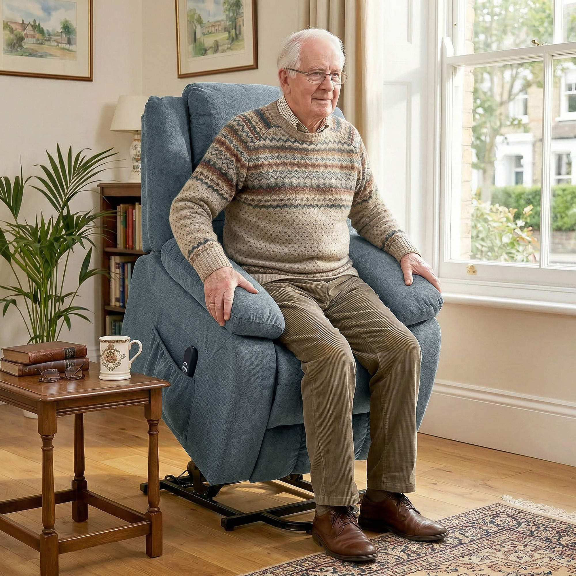 Aufstehsessel mit weichem Bezug, Recliner-Sessel mit Fernbedienung und Seitentaschen, Grau