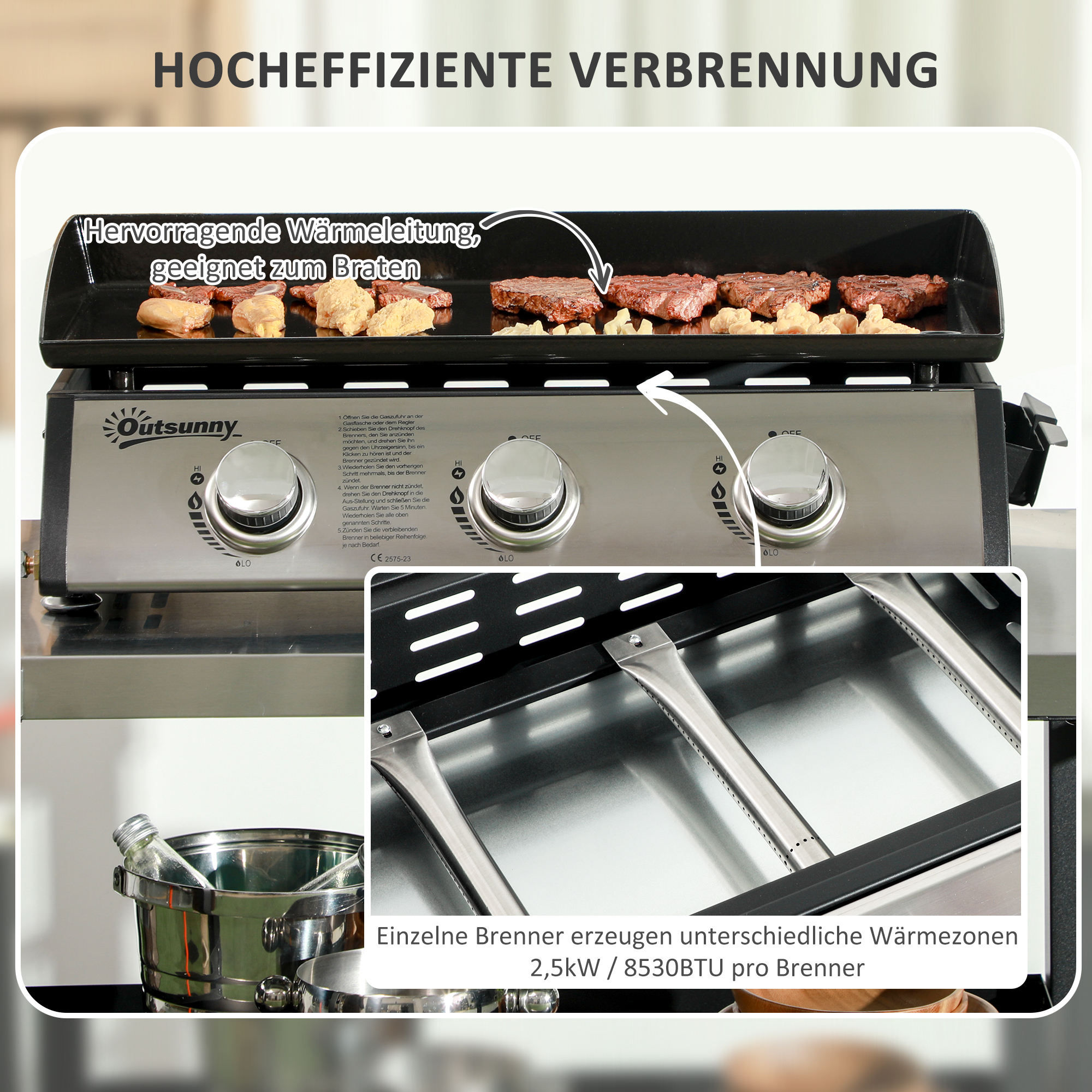 Gasgrill mit Deckel, 3 Brennern, Fettauffangschale, antihaft-Platte, 63x47x25 cm, Schwarz/Silber