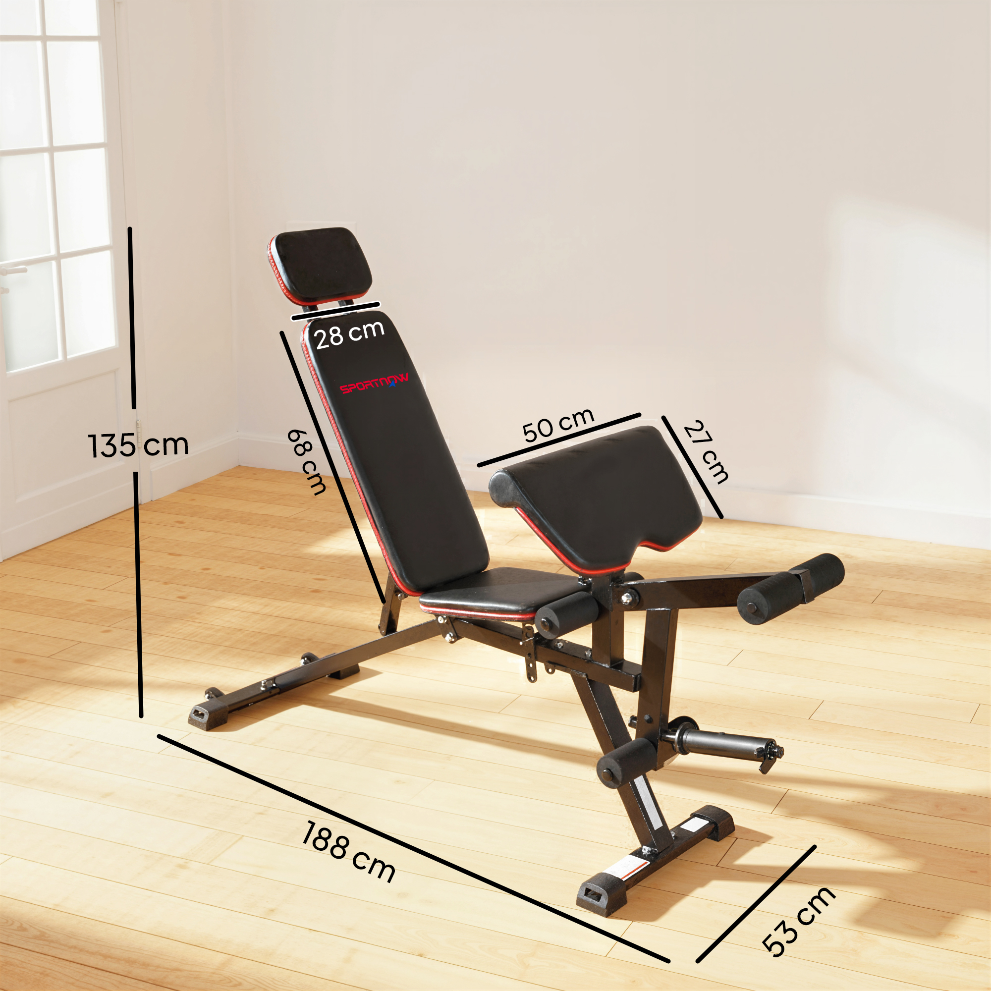 Hantelbank verstellbar bis 300 kg 3 in 1 Trainingsbank mit Rollen Beinstrecker Curlpult Kopfstütze Widerstandsbändern