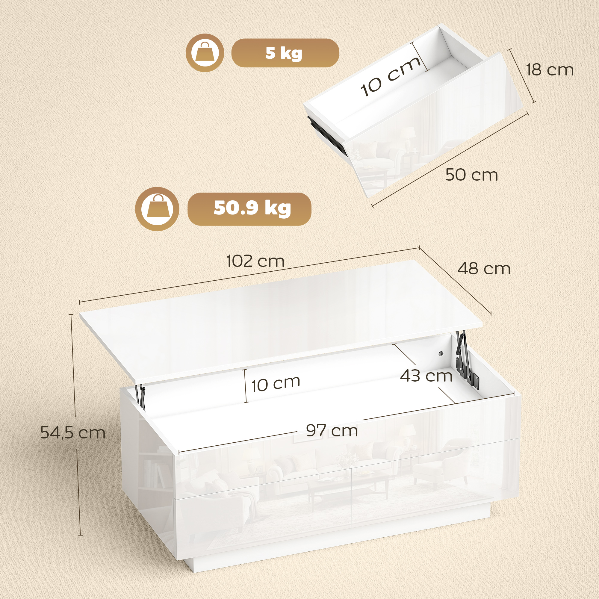 Couchtisch Höhenverstellbar, Moderner Wohnzimmertisch mit verstecktem Stauraum und 2 Schubladen, Hochglanz Weiß