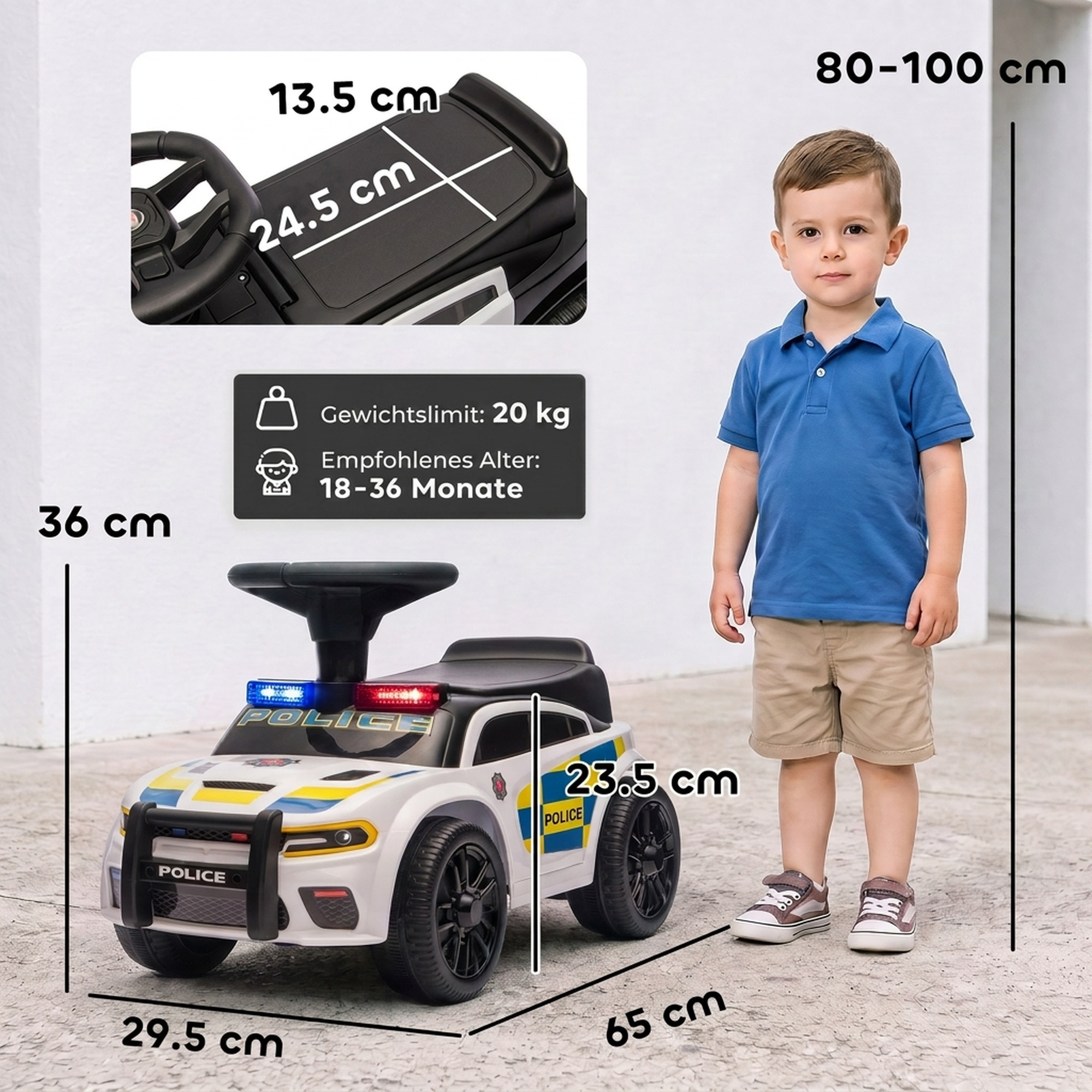 Rutschauto Kinder Polizei Rutschfahrzeug mit Musik Licht Anti-Kipp-Schutz & Stauraum unter dem Sitz 18-36 Monate Weiß
