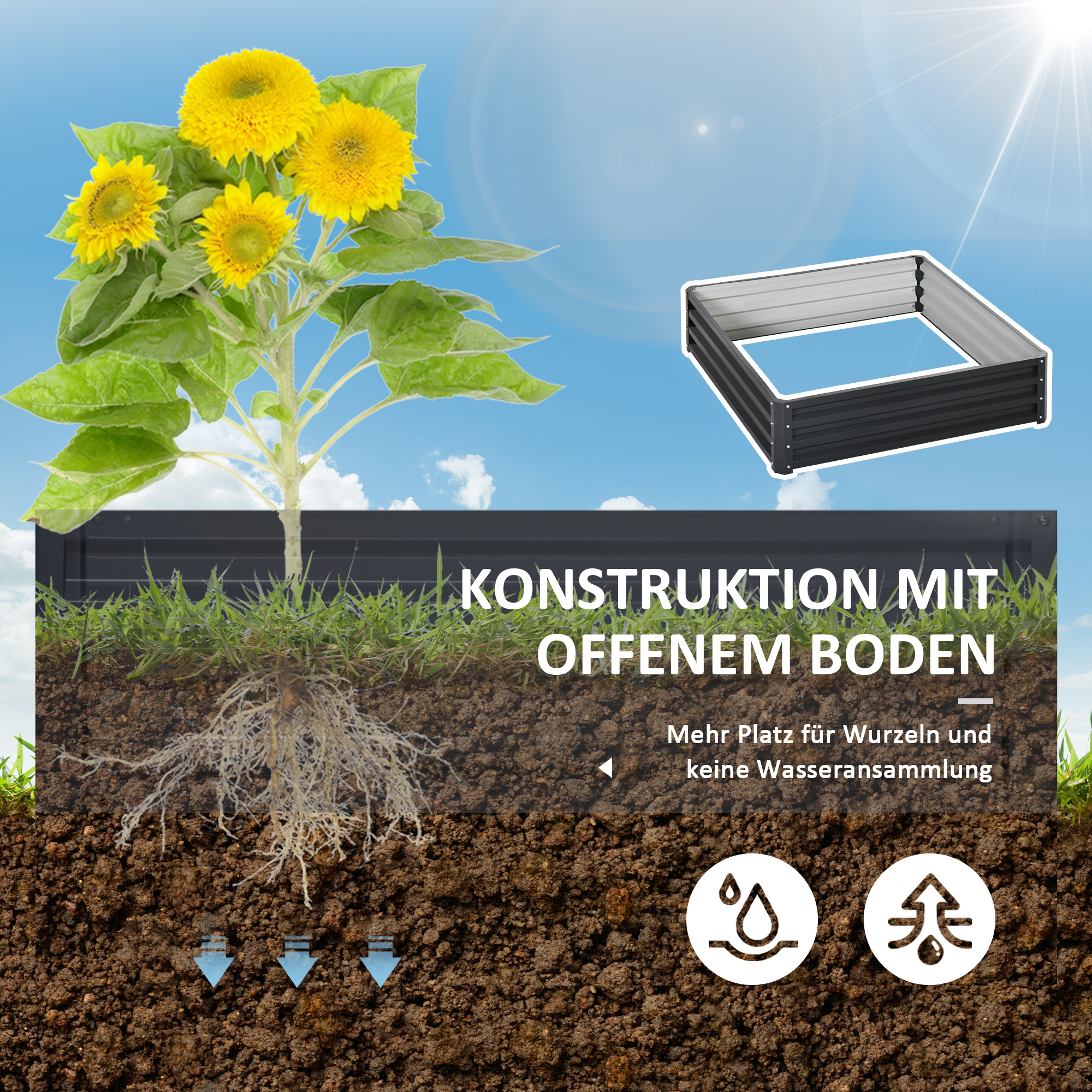 Gartenbeet, Pflanzkasten mit Stahlgehäuse, Grau, 120 x 120 x 30 cm