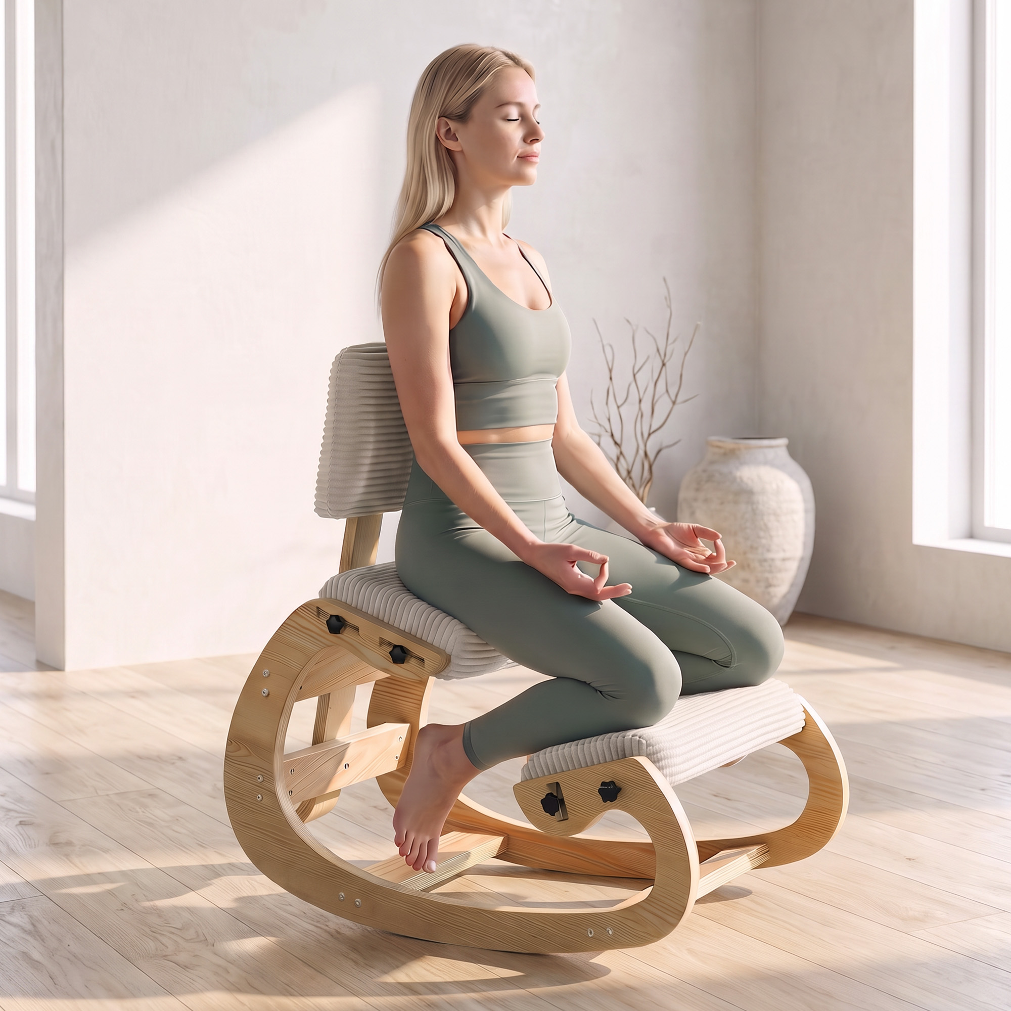 Ergonomischer Kniestuhl, Kniehocker mit Rückenlehne, Cord-Optik, Bürostuhl für Zuhause, Büro, Meditation, Cremeweiß