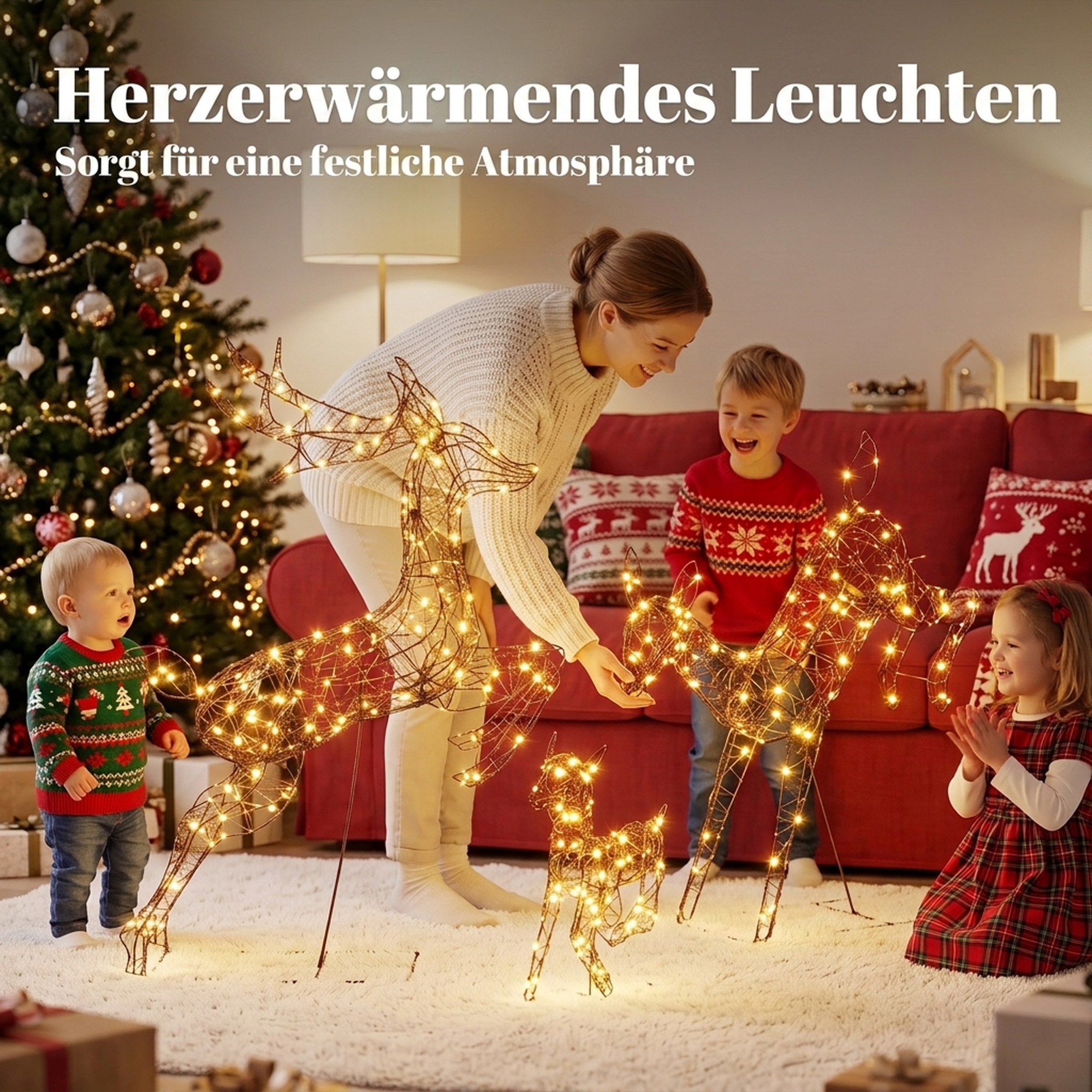 3-teiliges beleuchtetes Rentier-Set, Weihnachtsdeko für außen mit 200 warmweißen LEDs, 8 Modi, Tages-Timer