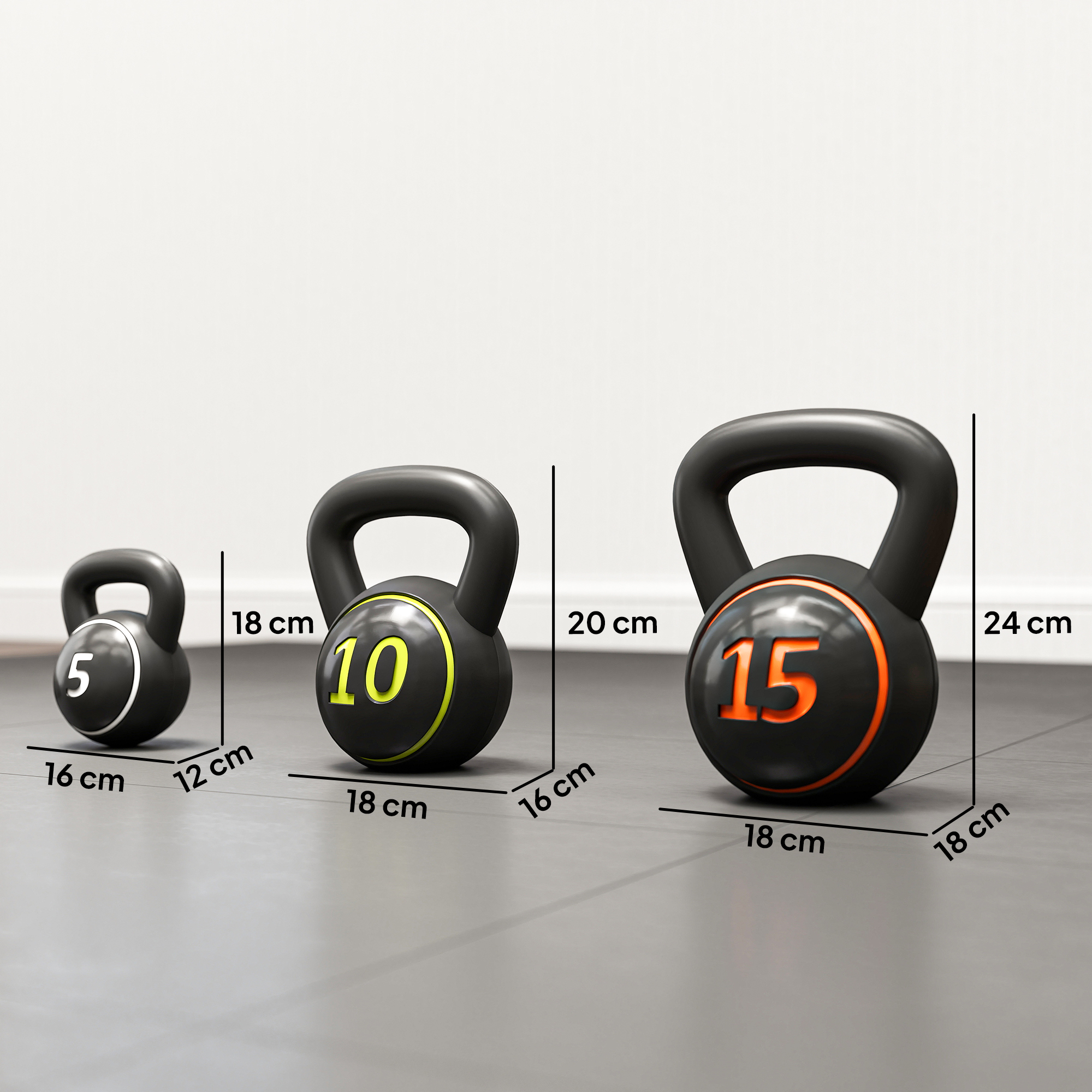 Kettlebell Set, 3 Kugelhanteln 2,2kg/4,5kg/6,8kg, Kunststoffhülle, Schwarz