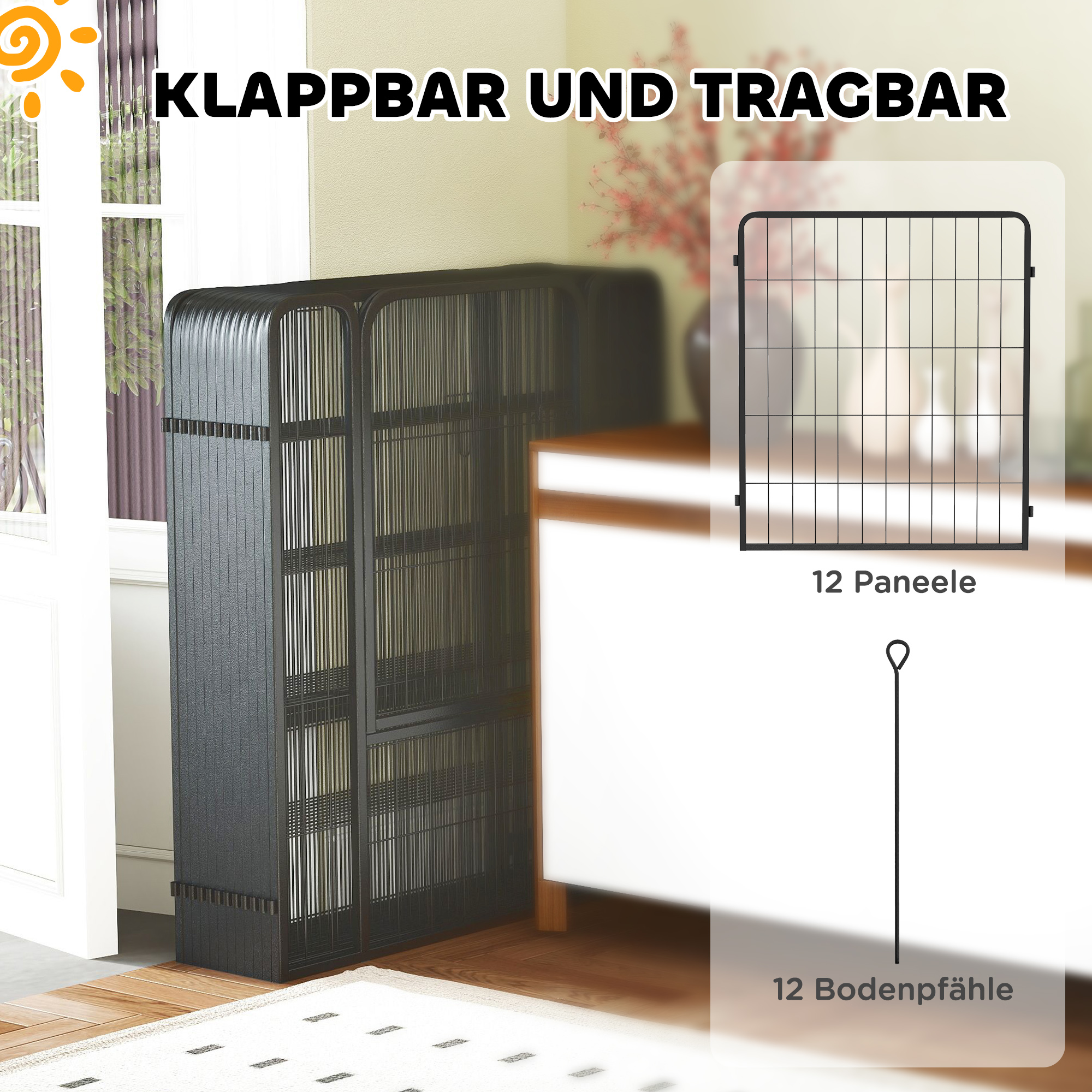 Welpenlaufstall 12-teilig Welpenauslauf mit 12 Gitterplatten Tür Erdspießen flexibel faltbar Schutzplane 100cm hoch