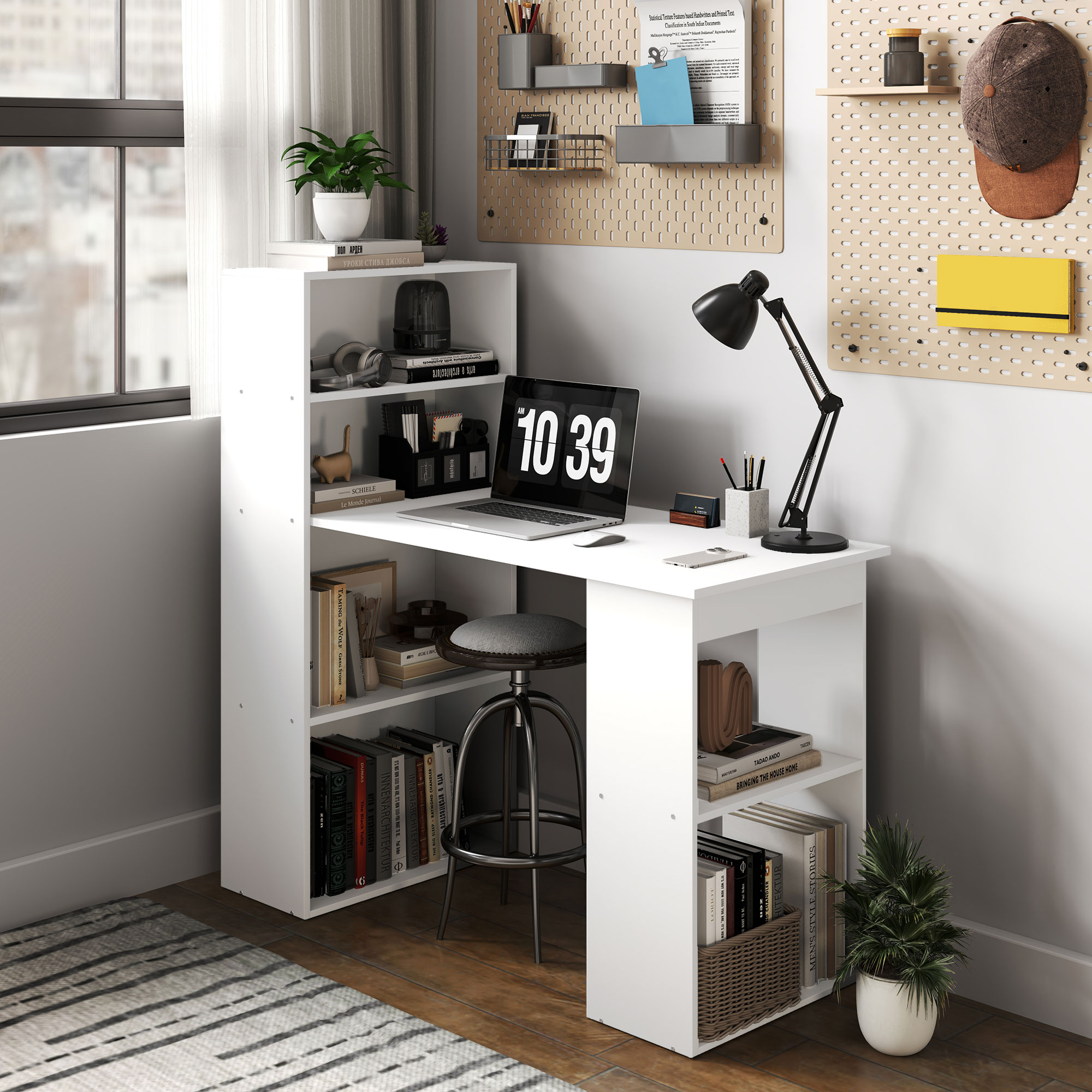 Schreibtisch Bürotisch Computertisch, 2 Regale, 5 Regalböden, 120 cm x 55 cm x 120 cm, Weiß