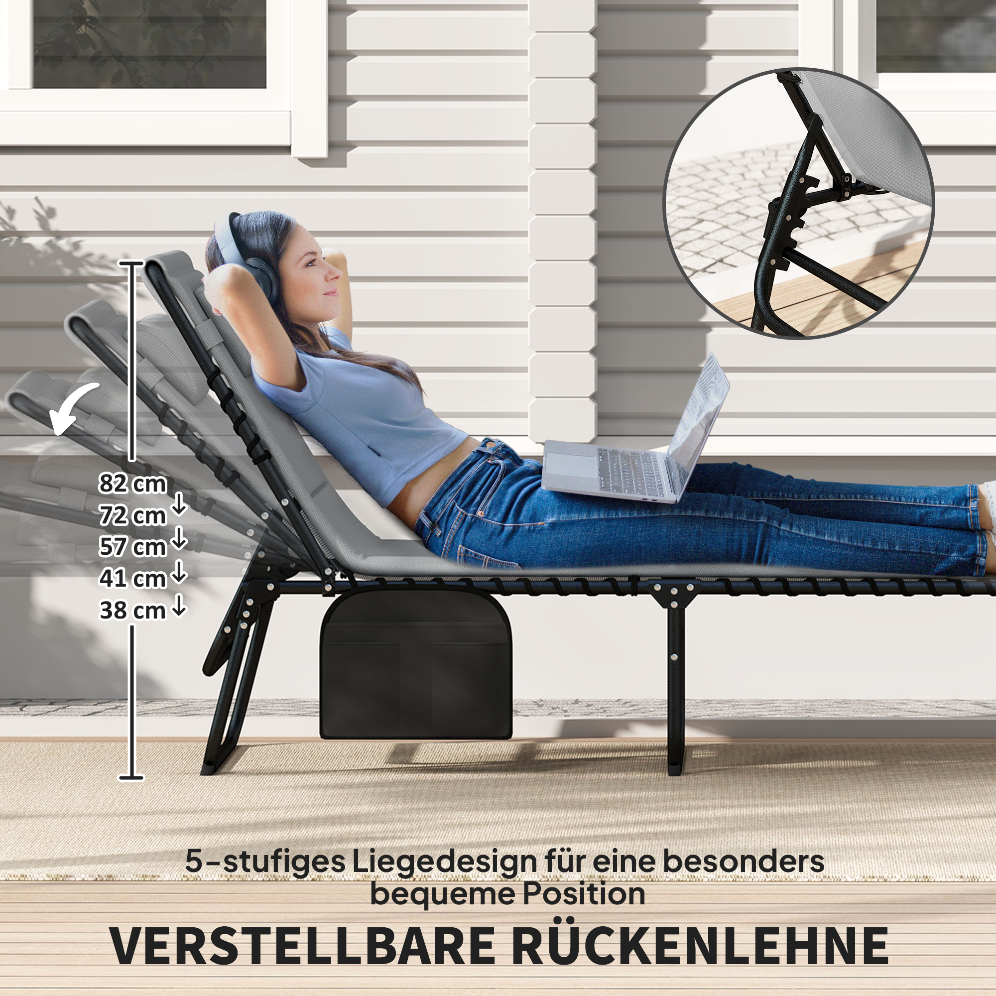 2er Set Sonnenliege klappbar Gartenliege mit Kopfkissen 5-Fach höhenverstellbarer Rückenlehne Seitentasche Dunkelgrau