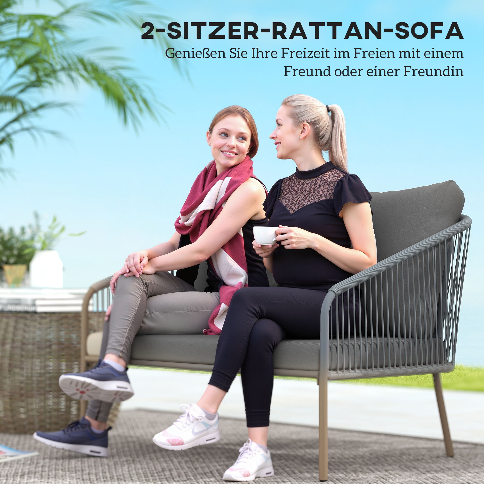 Gartensofa mit Kissen 2-Sitzer Rattan Sofa Lounge Sofa Outdoor Balkon Sofa 112 x 72 x 76 cm Grau