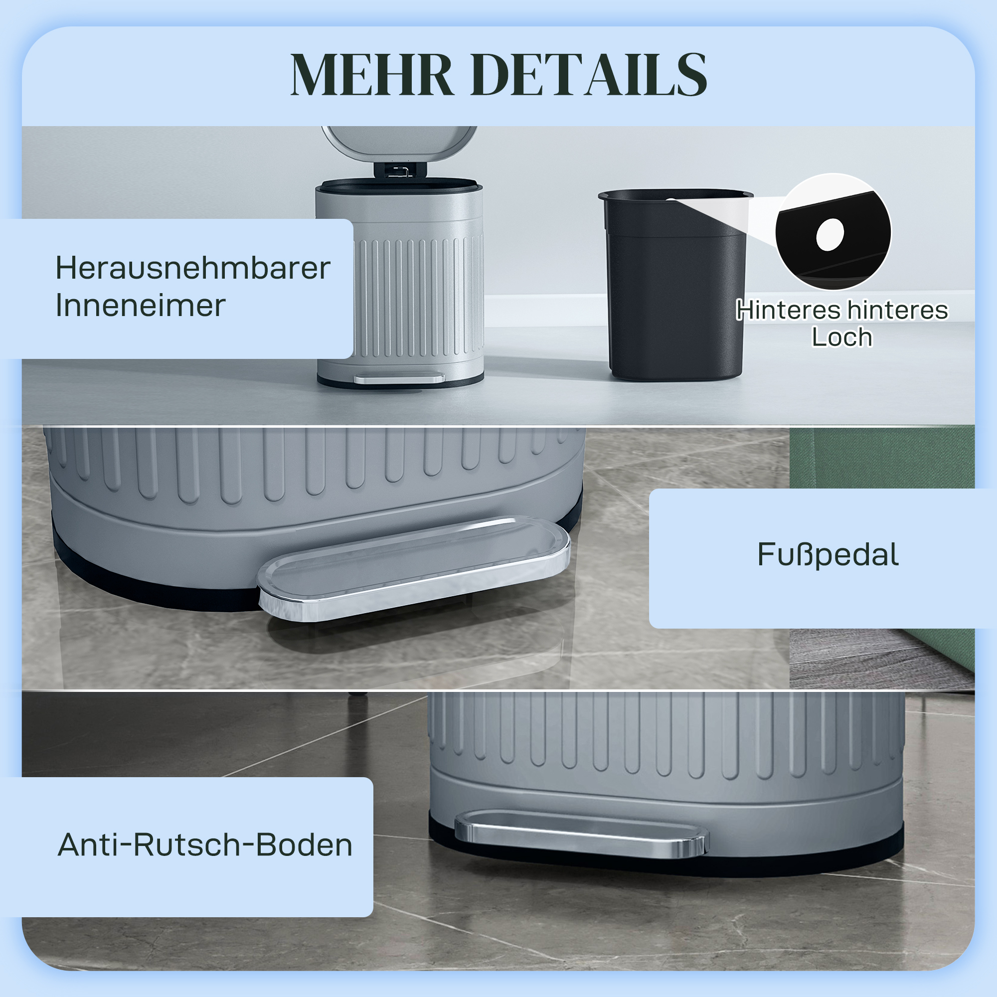 Mülleimer 20l Treteimer mit Deckel Fußpedal herausnehmbarem Inneneimer Soft-Close-Funktion 36,5 x 31,2 x 45 cm, Grau