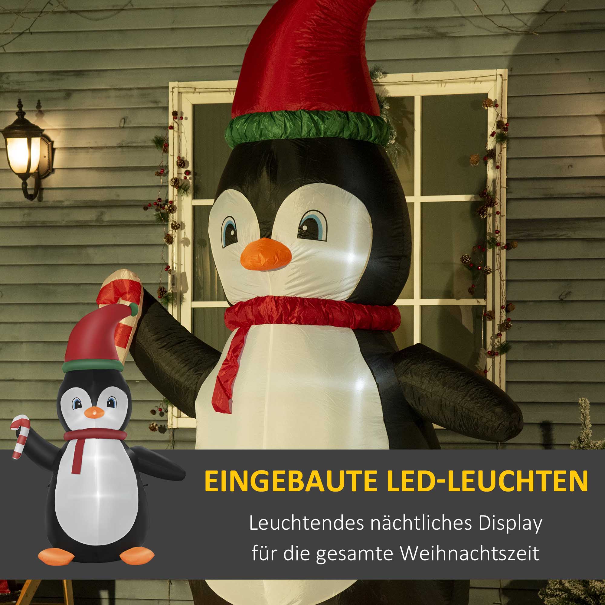 Aufblasbare Weihnachtsdeko, 2,5 m Aufblasbarer Weihnachtspinguin mit 3 LED-Lichtern, 162 x 100 x 250 cm, Mehrfarbig