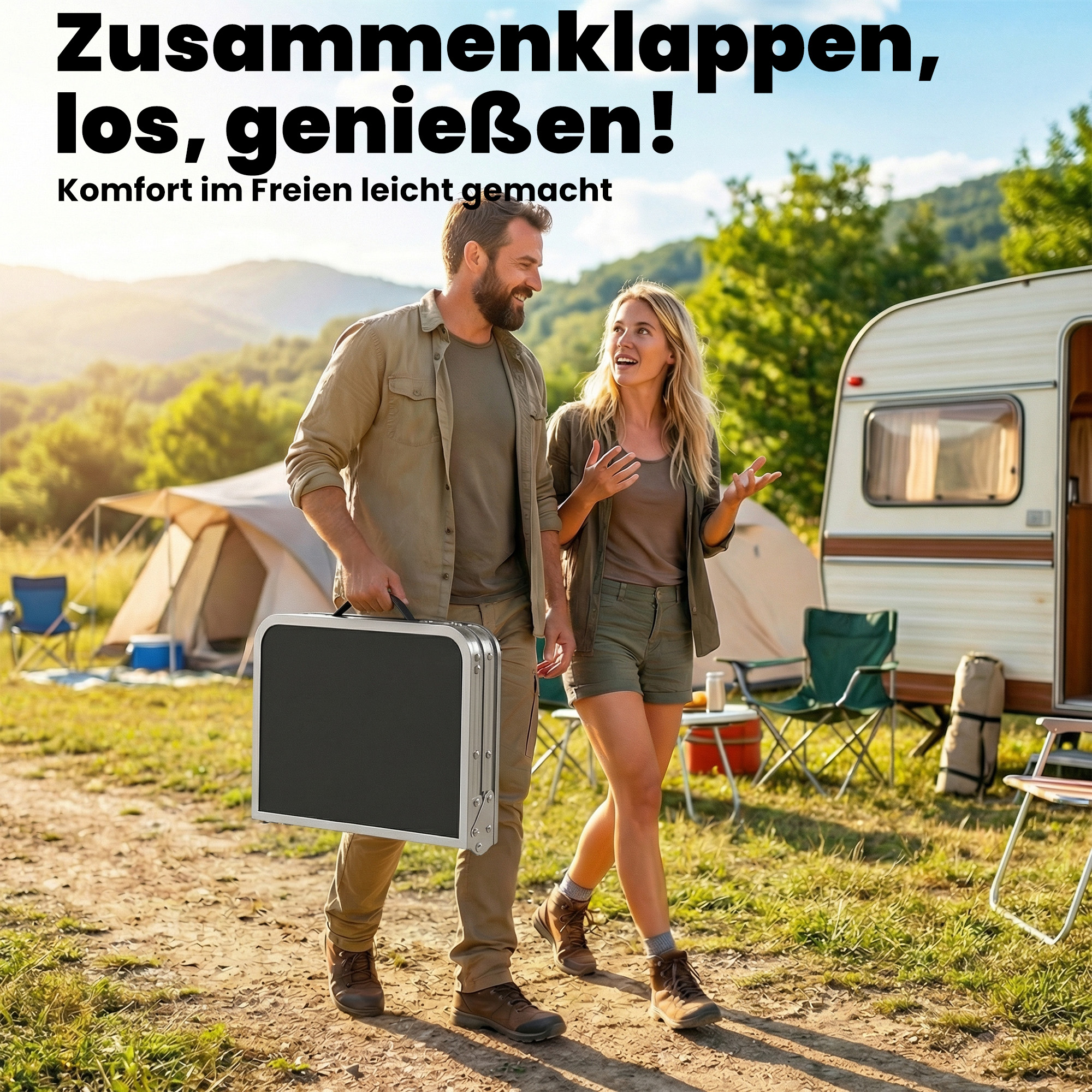 Campingtisch Klapptisch mit Netzfach, 4 Höhenverstellungen, Tragegriff Aluminium 60 x 40 x 26-60 cm Schwarz