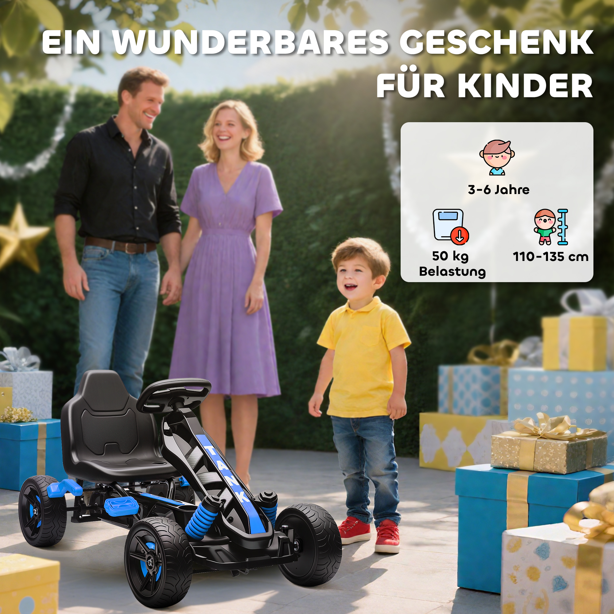 Gokart mit Pedalen, Tretauto für Kinder mit Bremse, rutschfeste Räder, Metallrahmen, 3-6 Jahre, Blau