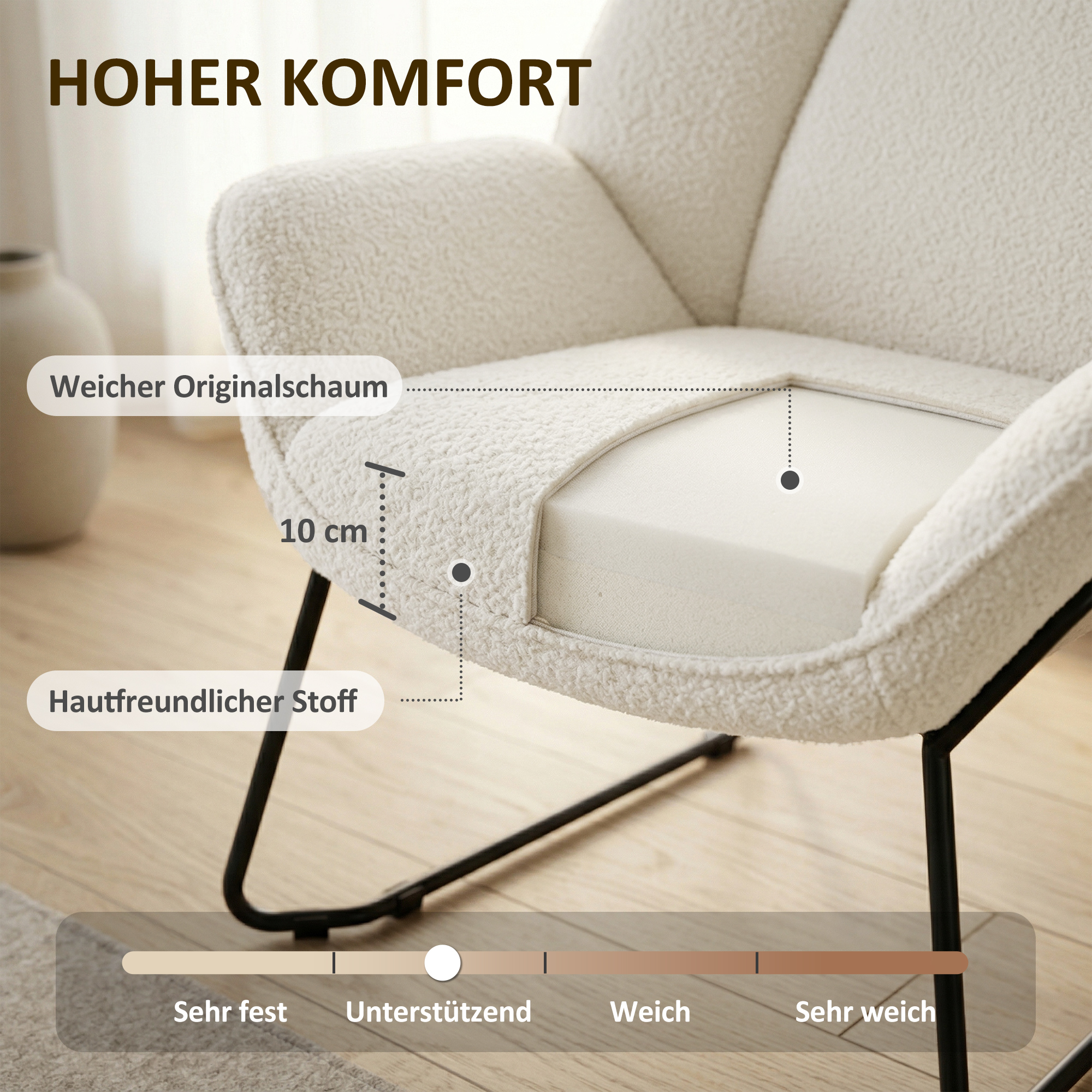 moderner Akzentstuhl, Sherpa-Fleece gepolsterter Sessel mit breiter Rückenlehne und Stahlbeinen, einfache Montage, Weiß