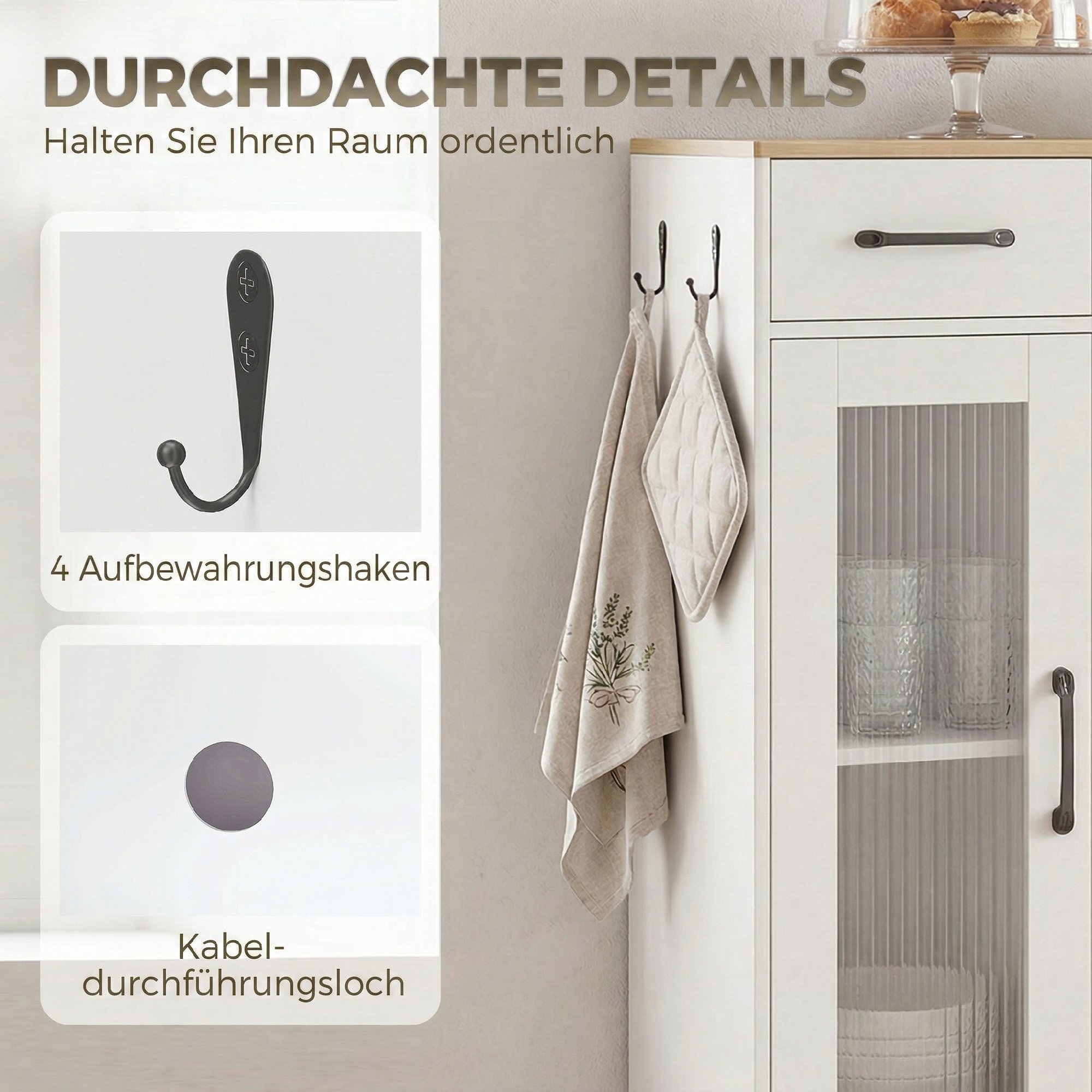 Sideboard Küchenschrank mit Schublade, 2 Schränken, Offenem Fach, geriffelter Acrylglastür 80 x 34 x 91 cm Weiß+Eiche