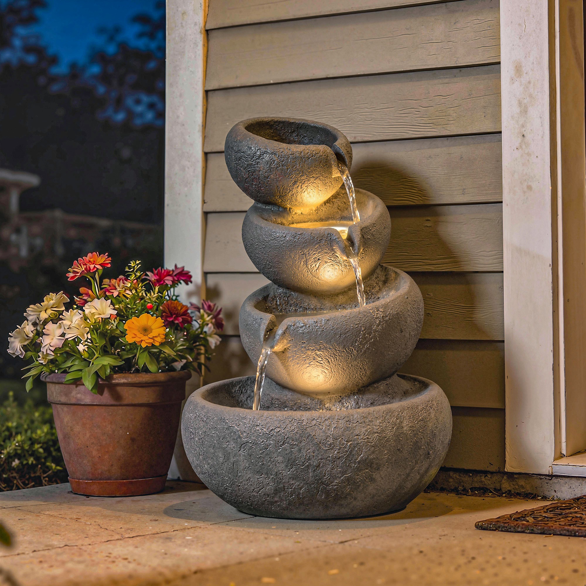 Springbrunnen Outdoor aus Kunstharz 4-stufig Gartenbrunnen mit LED Beleuchtung Pumpe Steinoptik 35 x 32 x 50 cm