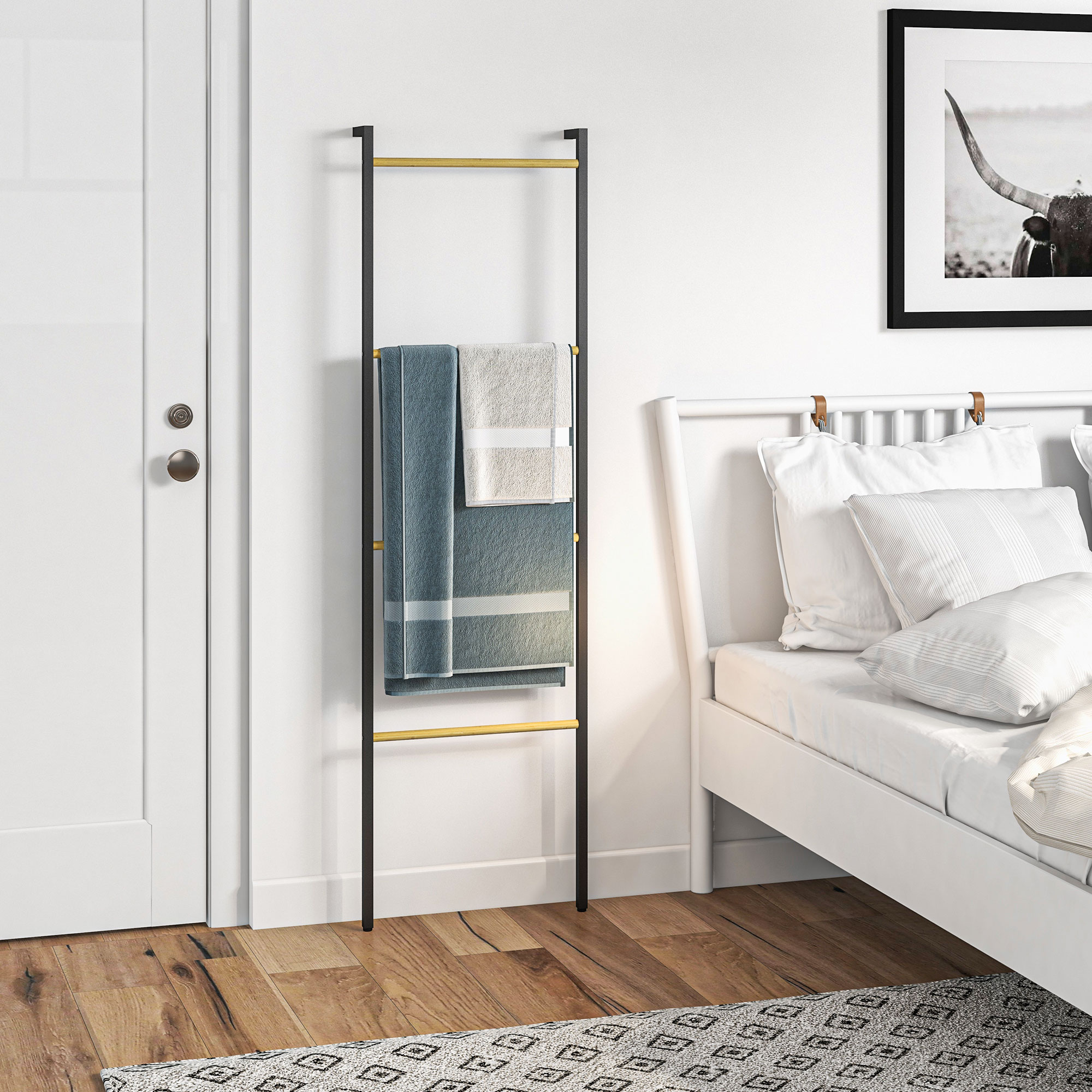 Handtuchhalter, freistehend, 4 Stangen, 49x5,5x167,5cm, Schwarz/Naturholz