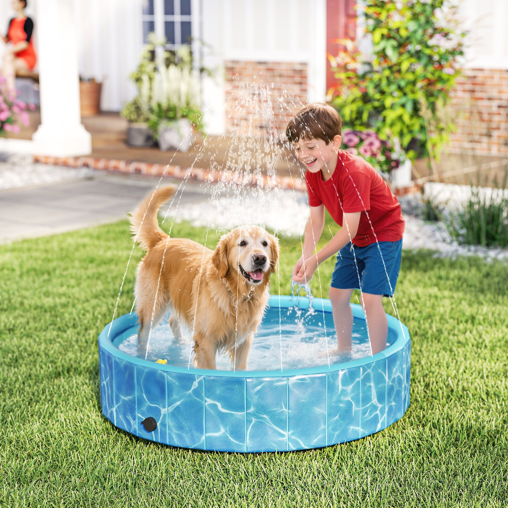 Hundepool Faltbar Planschbecken mit Brunnen- und Wasserpolsterdesign Ø120 x 30 cm Blau