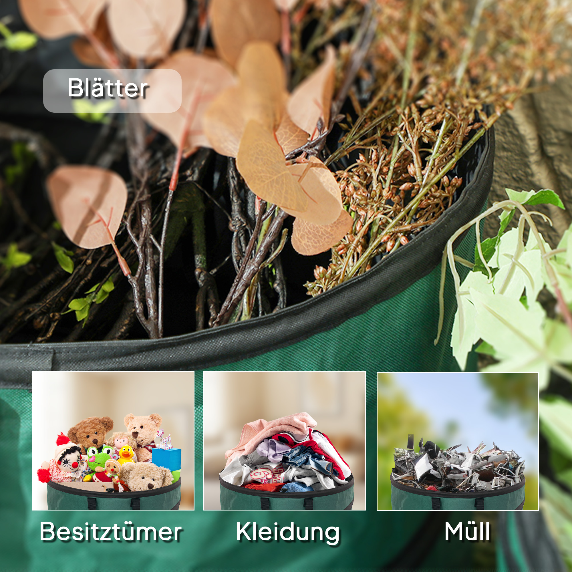 Gartensack 2x160L wasserdicht Gartenabfallsack mit Trageschlaufen Griffe, stabil robust Laubsack Grün