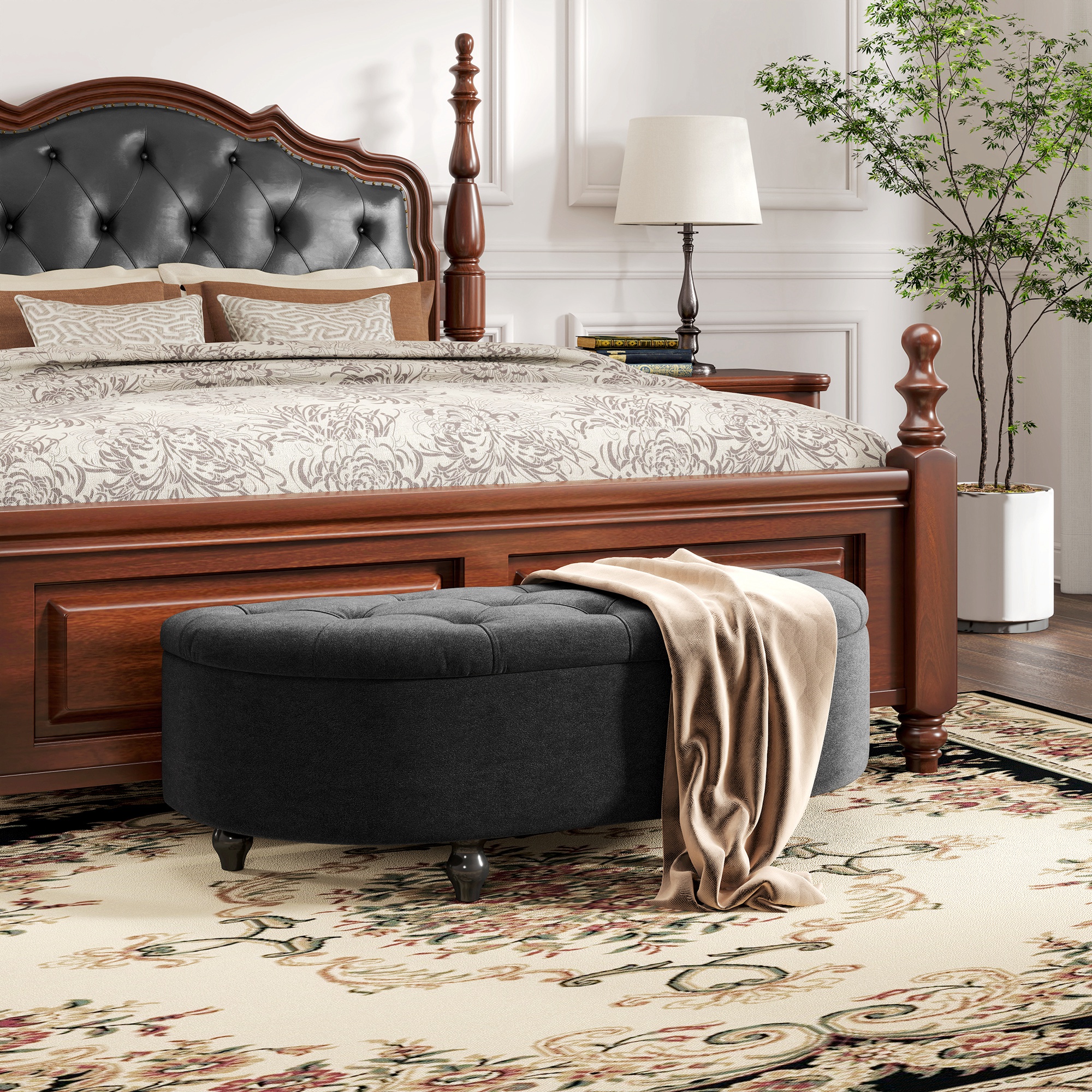 Hocker mit Stauraum, Sitztruhe, gepolstert, soft-close Deckel, Samtoptik, 120 x 46 x 42 cm, Dunkelgrau