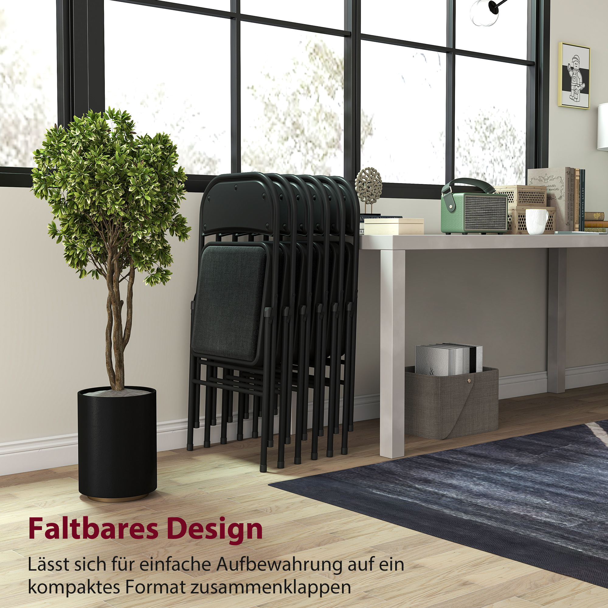 2er-Set Klappstühle, Tragbare Bürostühle, Metallbeine, Faltstuhl für Büro, Empfang, Wartezimmer, Leinenoptik, Schwarz