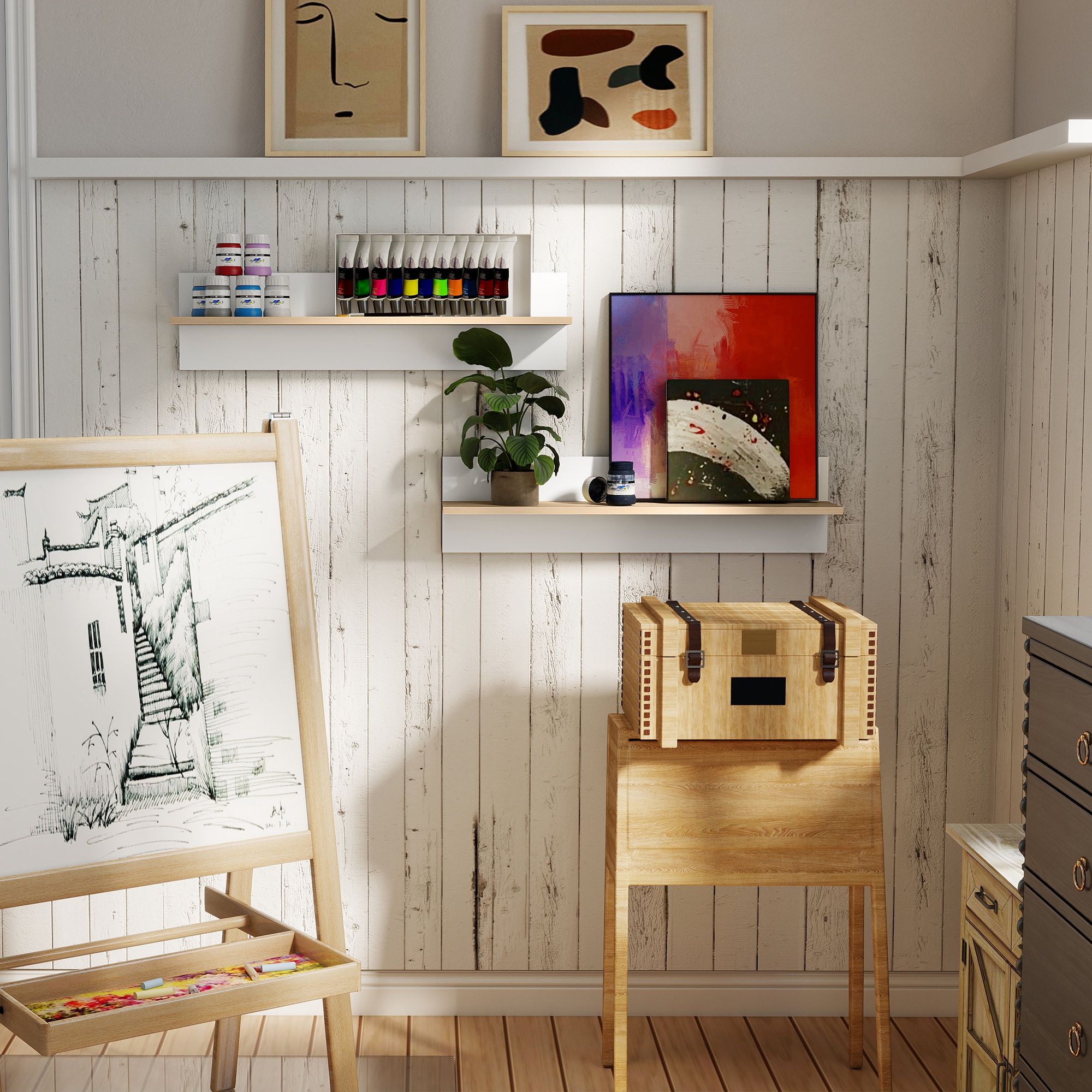 Wandregal 2er-Set Schweberegal, Wandboard, Regalbrett zur Präsentation, für Küche, Wohnzimmer, Weiß+Naturholz