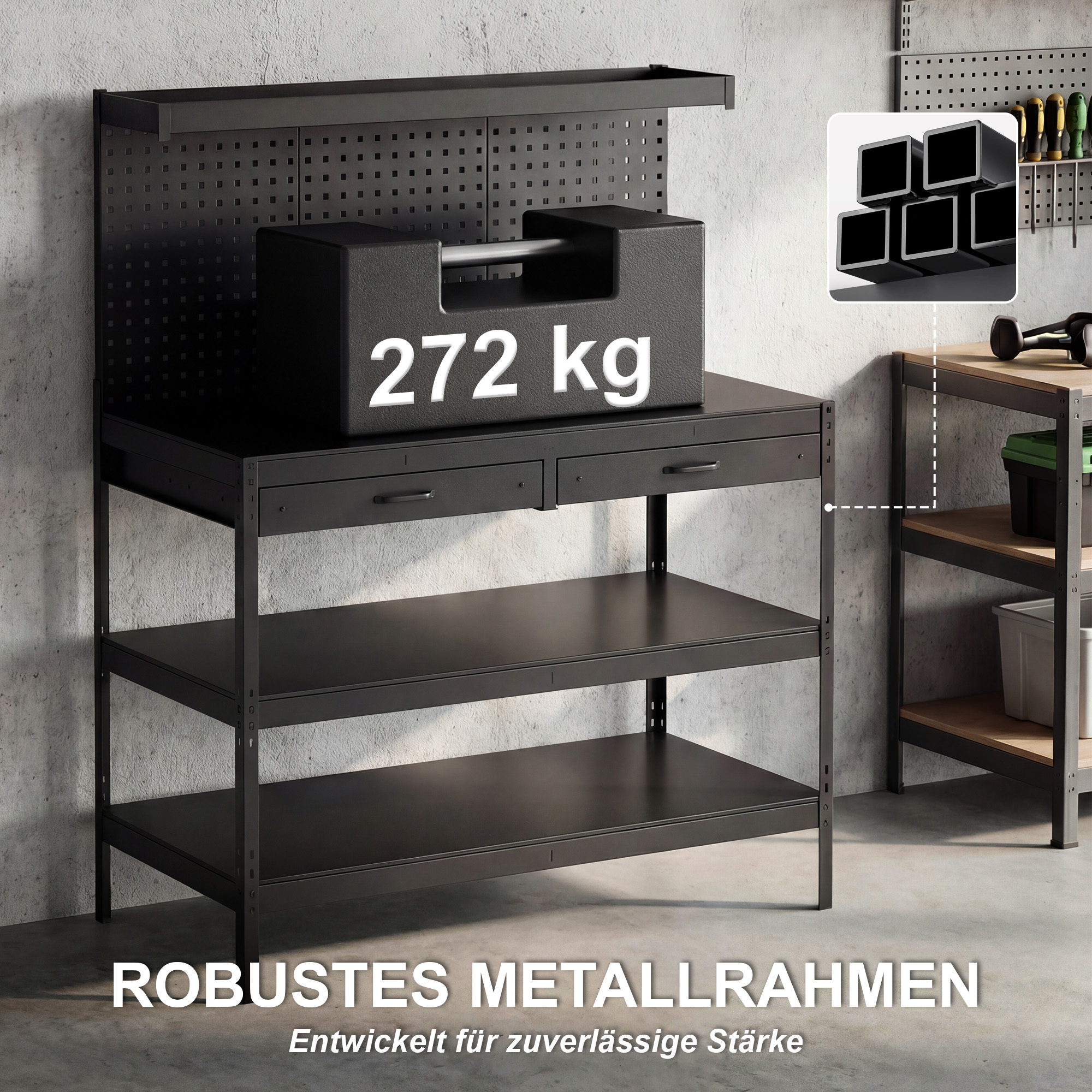 Werkbank mit verstellbaren Regalen, robuste Arbeitsstation mit Lochwand und 2 Schubladen, 122 x 61 x 156 cm, Schwarz