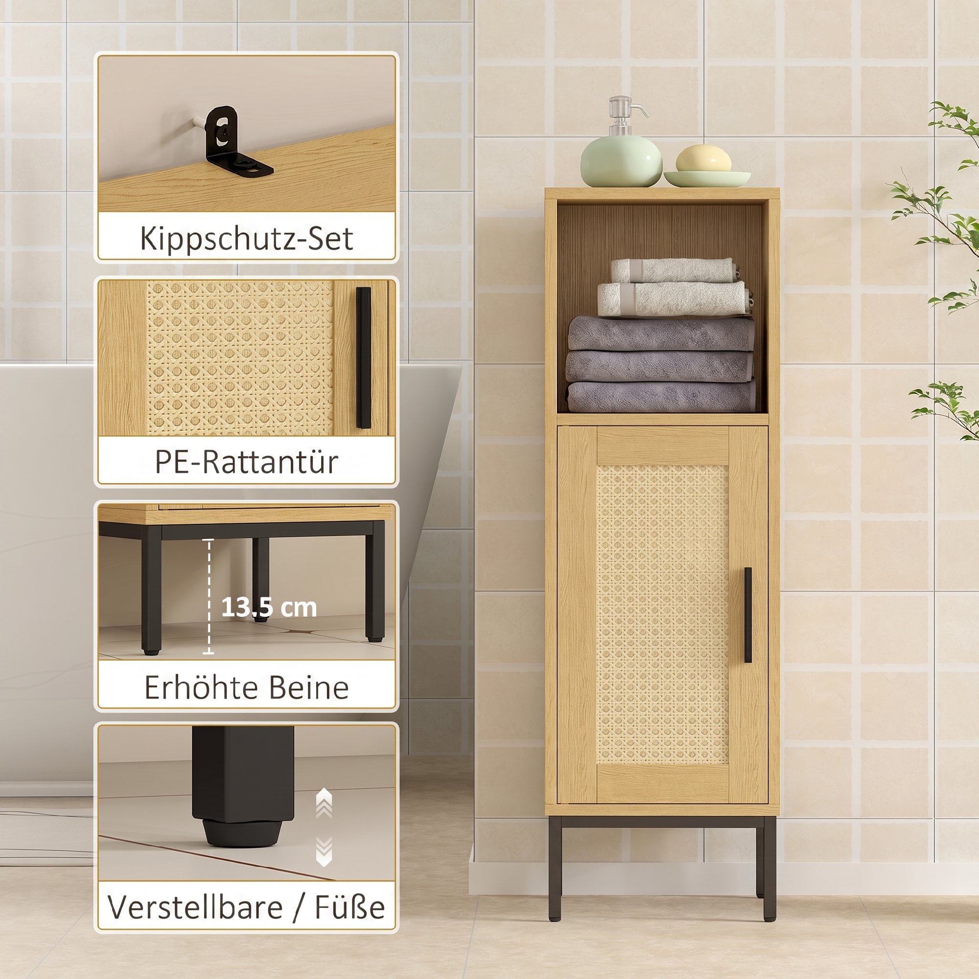 Badezimmerschrank, schmaler Badschrank freistehend mit verstellbarem Einlegeboden, Natur