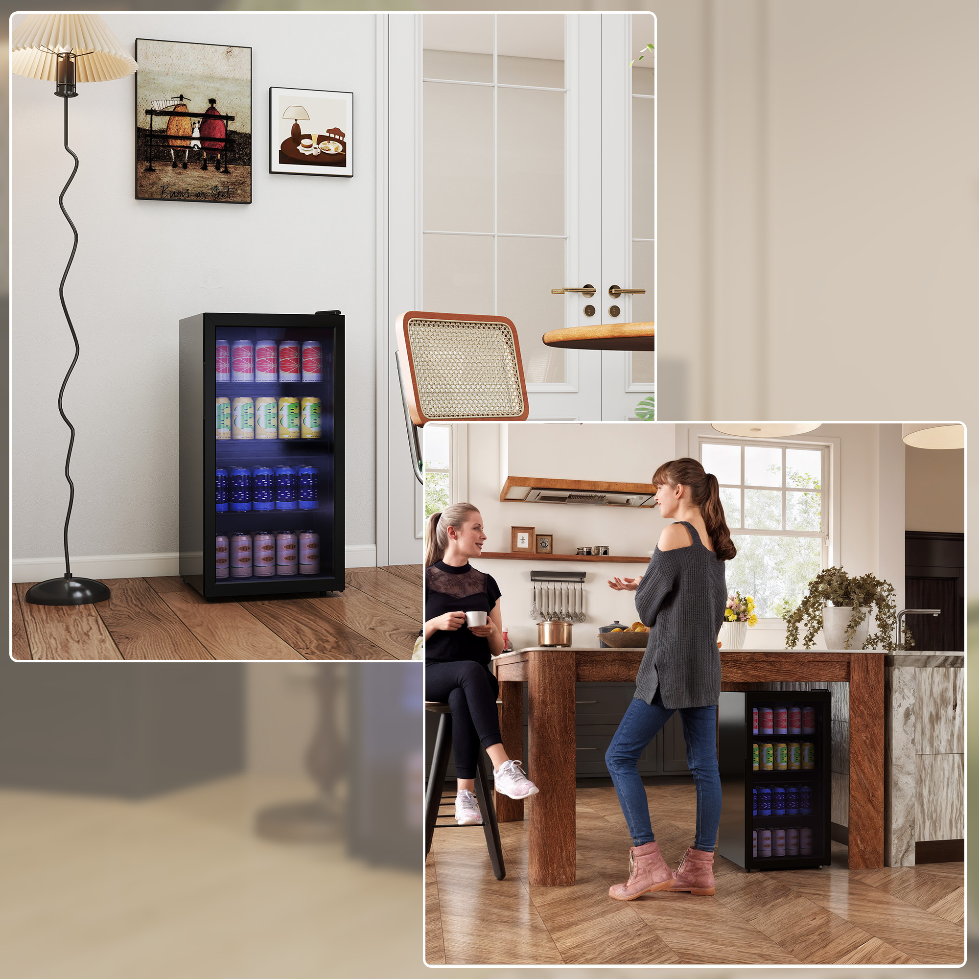 Mini Kühlschrank 93L Kühlbox mit Glastür, verstellbaren Regalen, LED, Temperaturregelung, 47,2 x 43,7 x 83,3 cm Schwarz