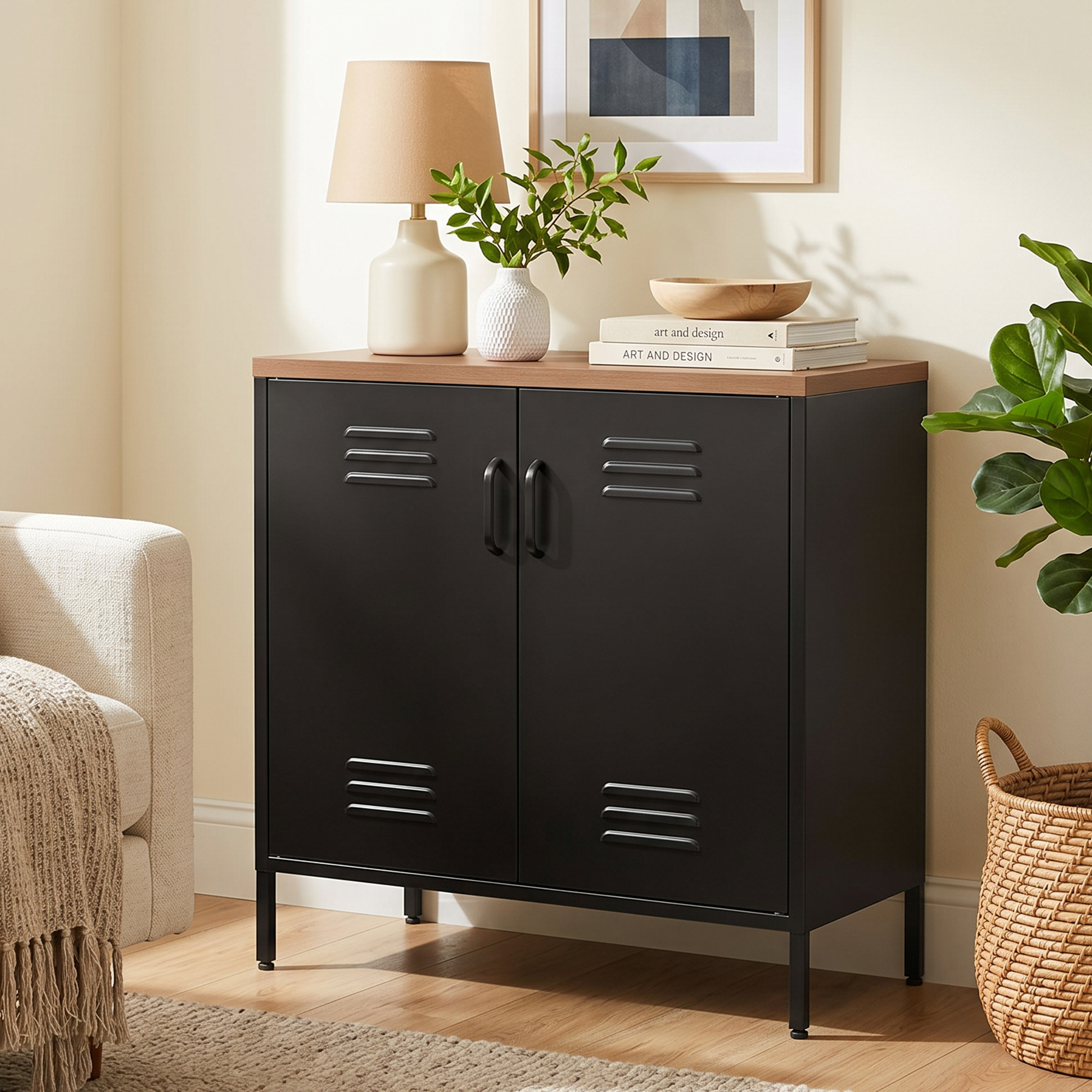 Stahl-Sideboard, 80x40x80 cm, Industrielles Aufbewahrungsschrank mit 2 Türen und verstellbarem Regal für Wohnzimmer, Büro, Schwarz
