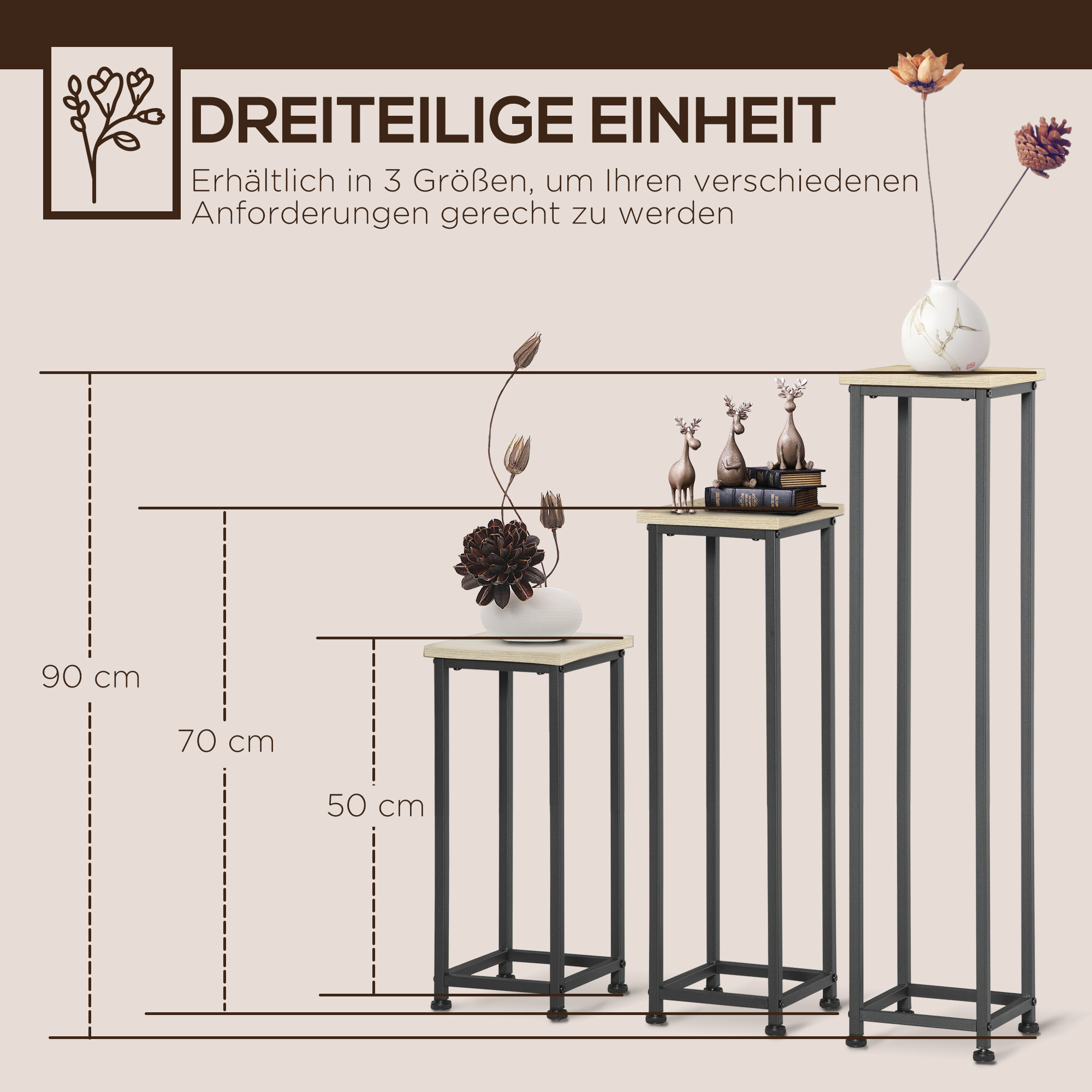 3-teiliges Set Pflanzenständer stapelbar platzsparend 21 cm x 21 cm x 50/70/90 cm Stahl Braun + Schwarz
