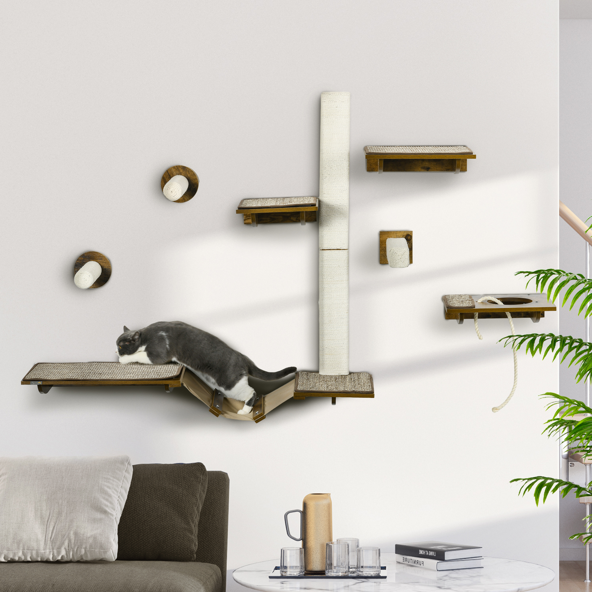 Katzentreppen-Set, Kletterwand, 8-teilig, bis 8 kg, robust, Braun/Cremeweiß