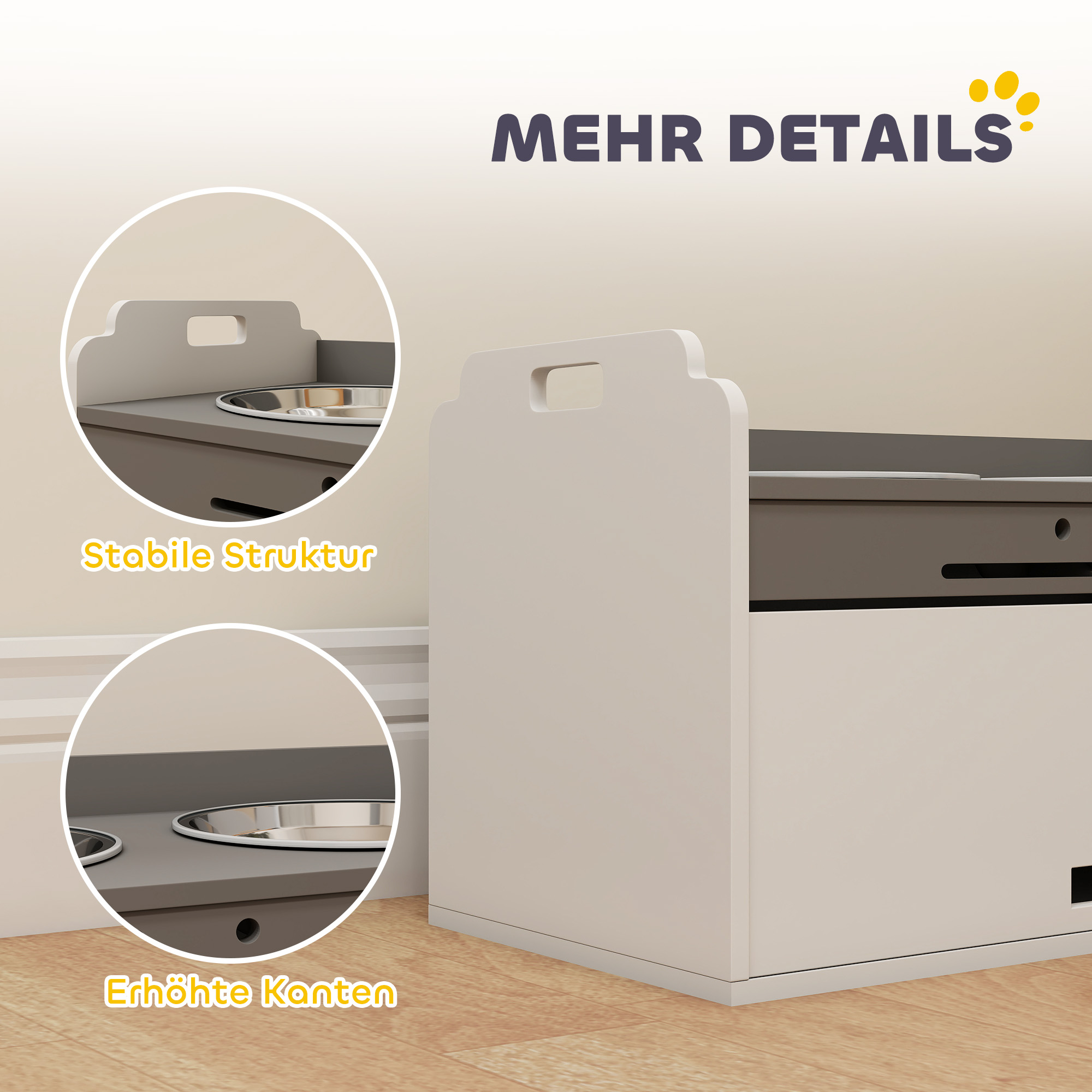 Hundenapf erhöht Futternapf mit Aufbewahrungsschrank, 2 Schüsseln mit Anti-Rutsch-Ringe, 60 x 30 x 35,5 cm, Weiß