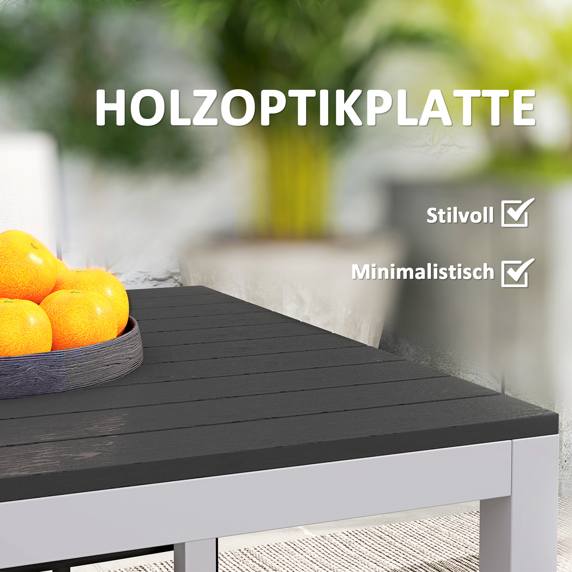 Gartentisch Aluminium 120x70 cm Wetterfest Balkontisch mit Holzoptik, für 4-6 Personen Schwarz
