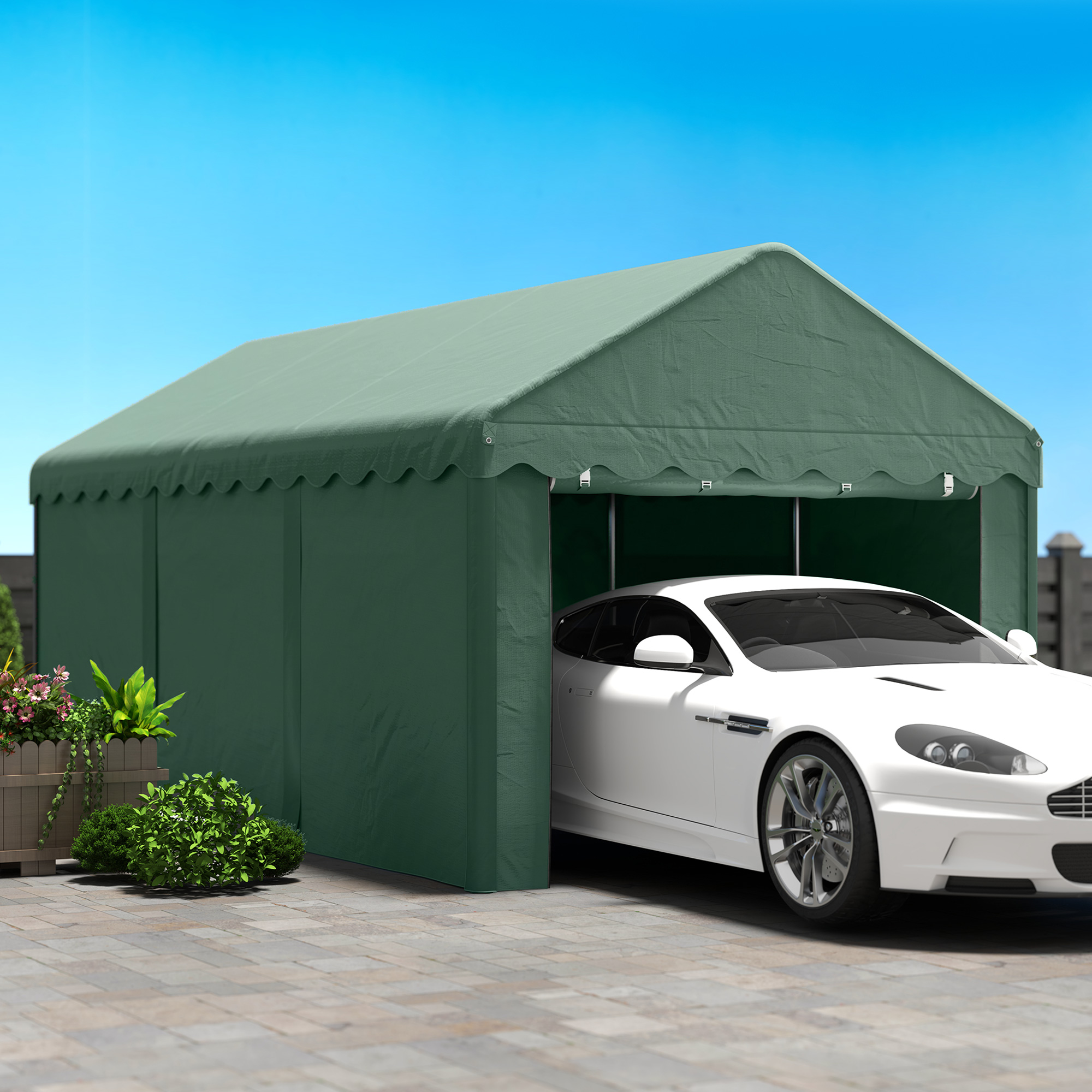 3x6 m Tragbarer Carport, Fahrzeugunterstand mit 2 Eingängen, Polyesterdach, für Autos, Boote, Gartengeräte, Dunkelgrün